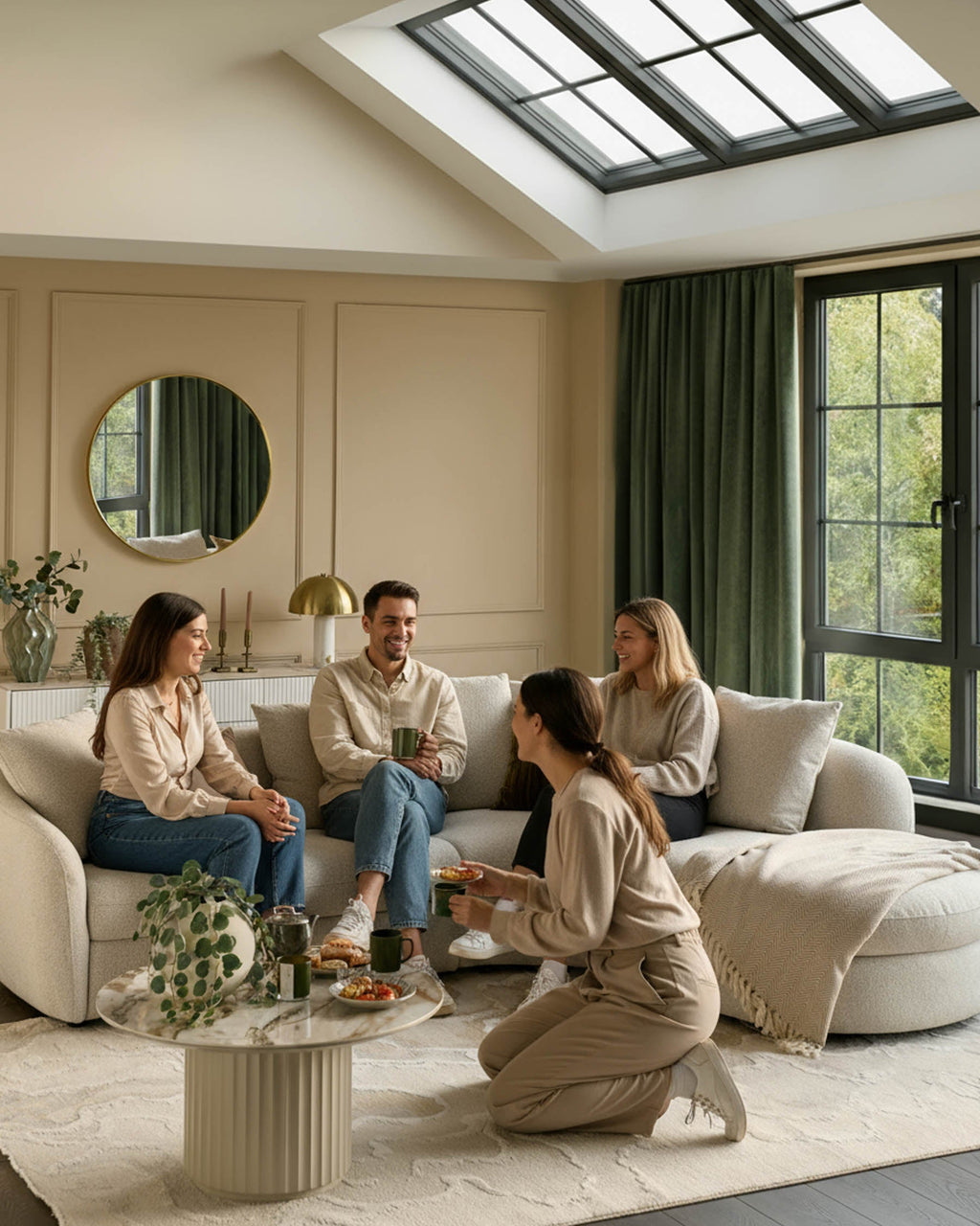 Canapé d'angle droit Ottilie en tissu naturel