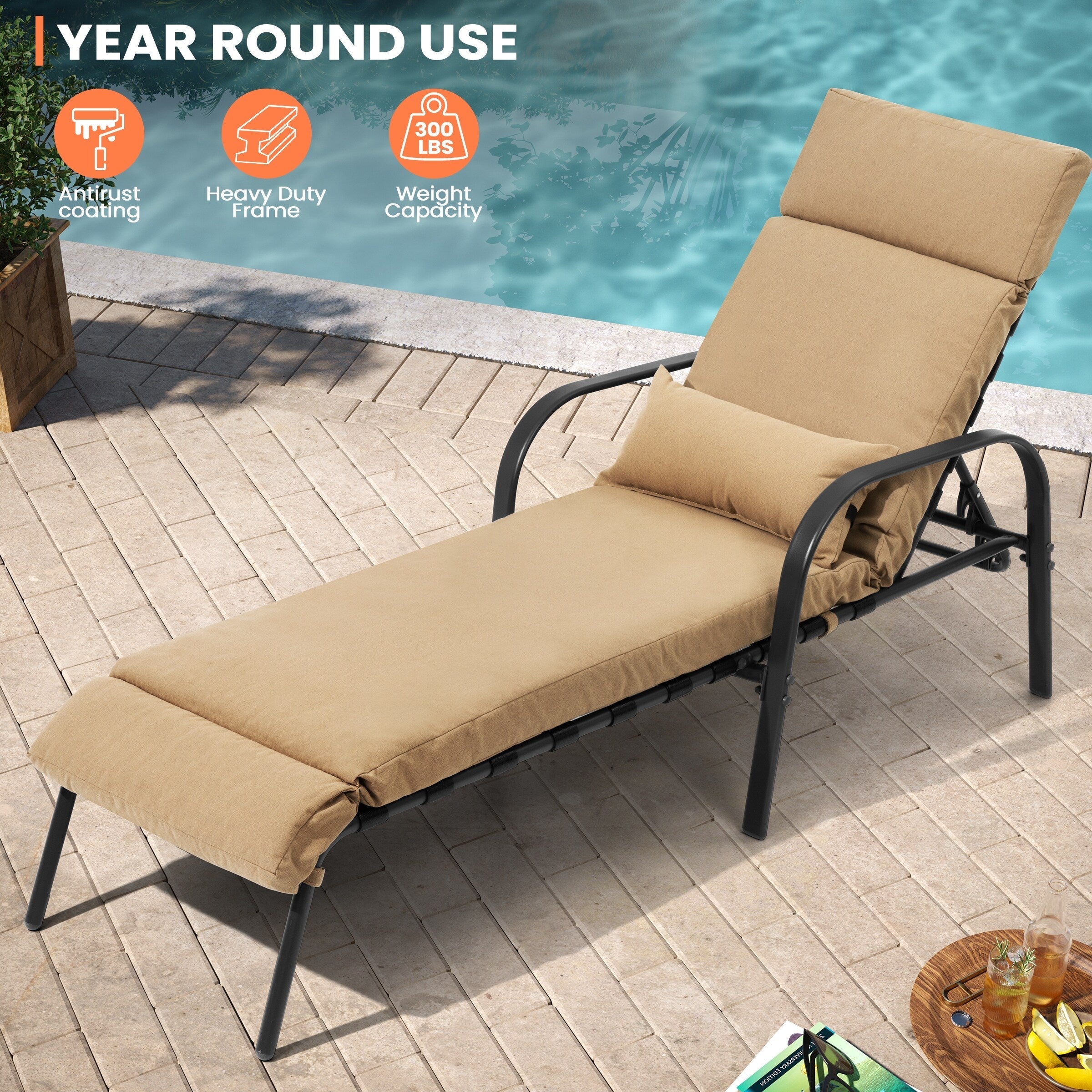 Chaise longue d'extérieur réglable avec coussin pour la plage et la piscine