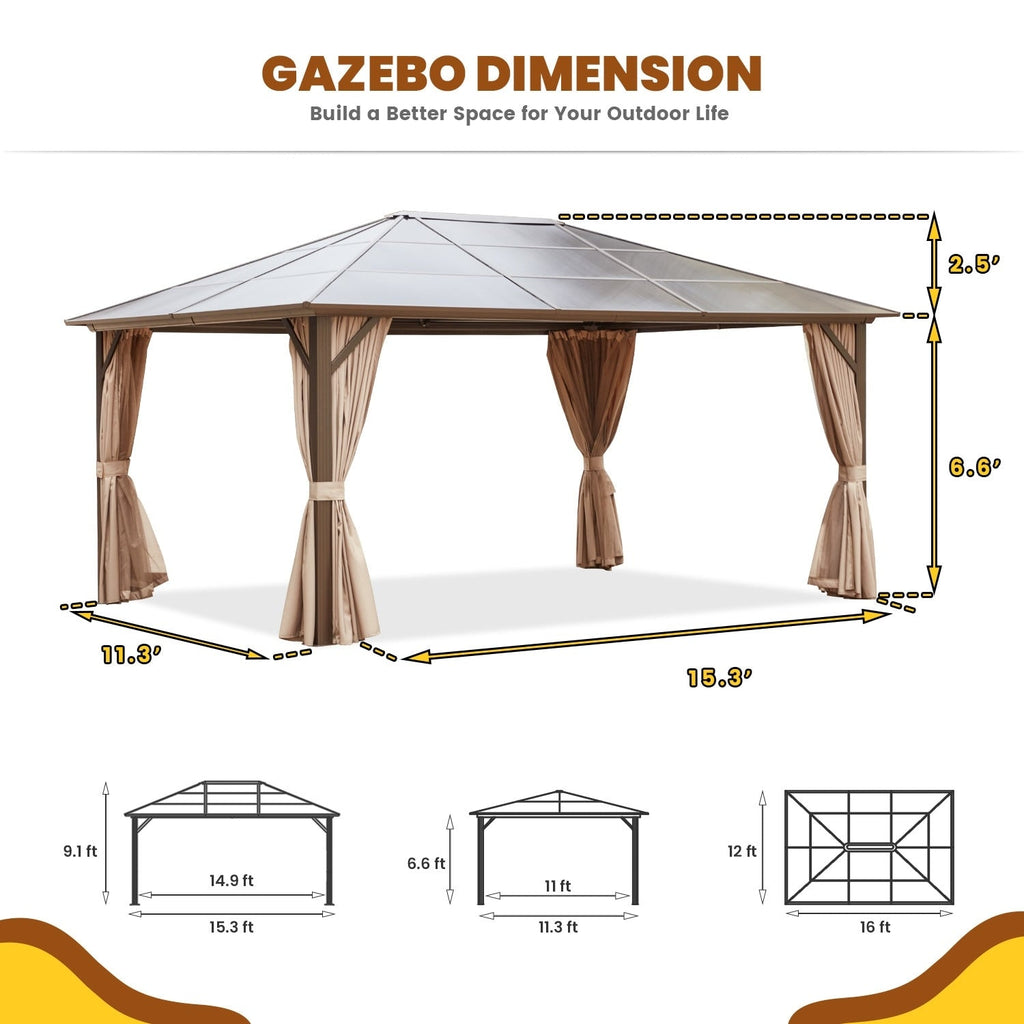 Gazebo à toit rigide EROMMY, pergola d'extérieur avec double toit, filet et rideaux, auvent robuste pour patio, arrière-cour, fête au bord de la piscine