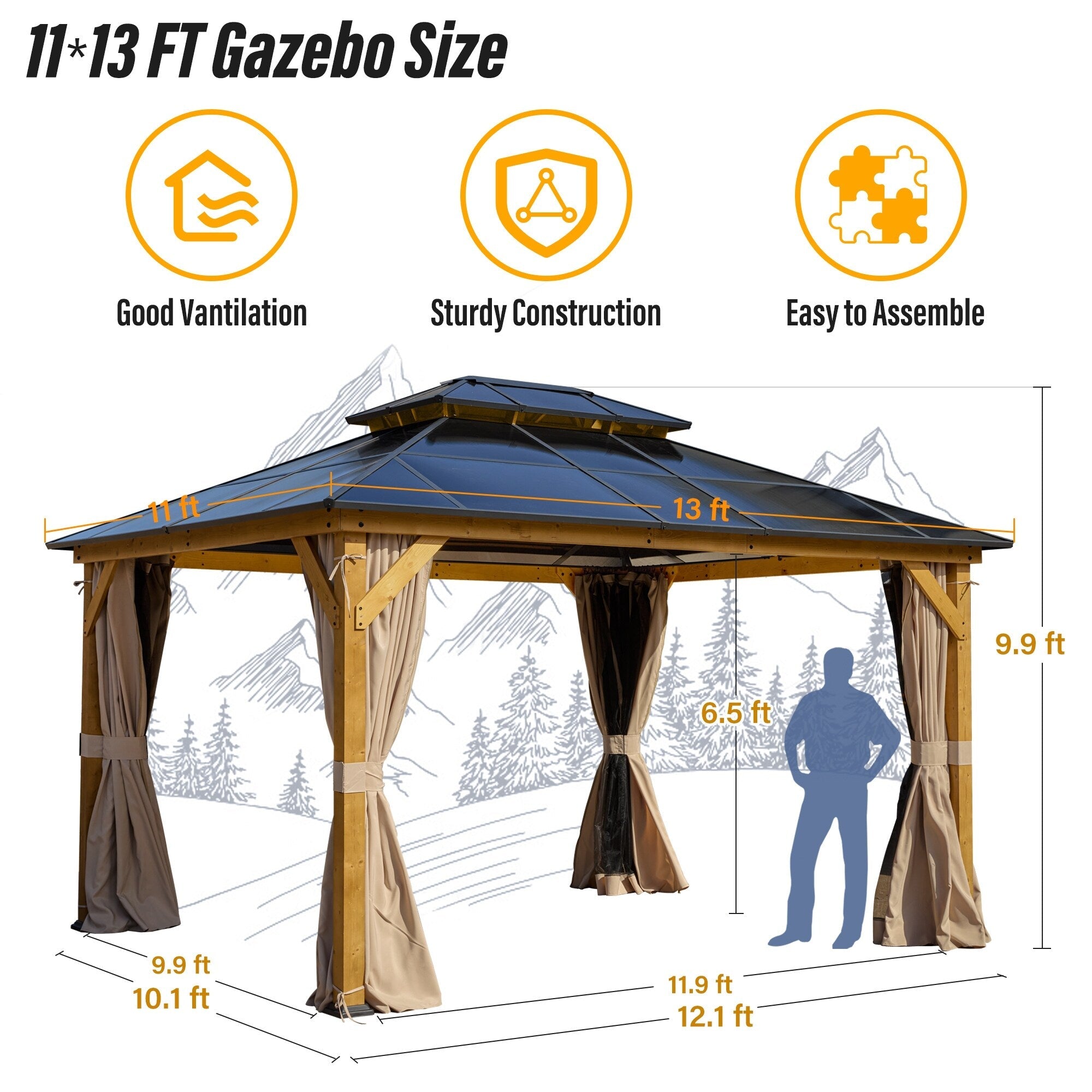Gazebo à toit rigide EROMMY, pergola d'extérieur avec double toit, filet et rideaux, auvent robuste pour patio, arrière-cour, fête au bord de la piscine