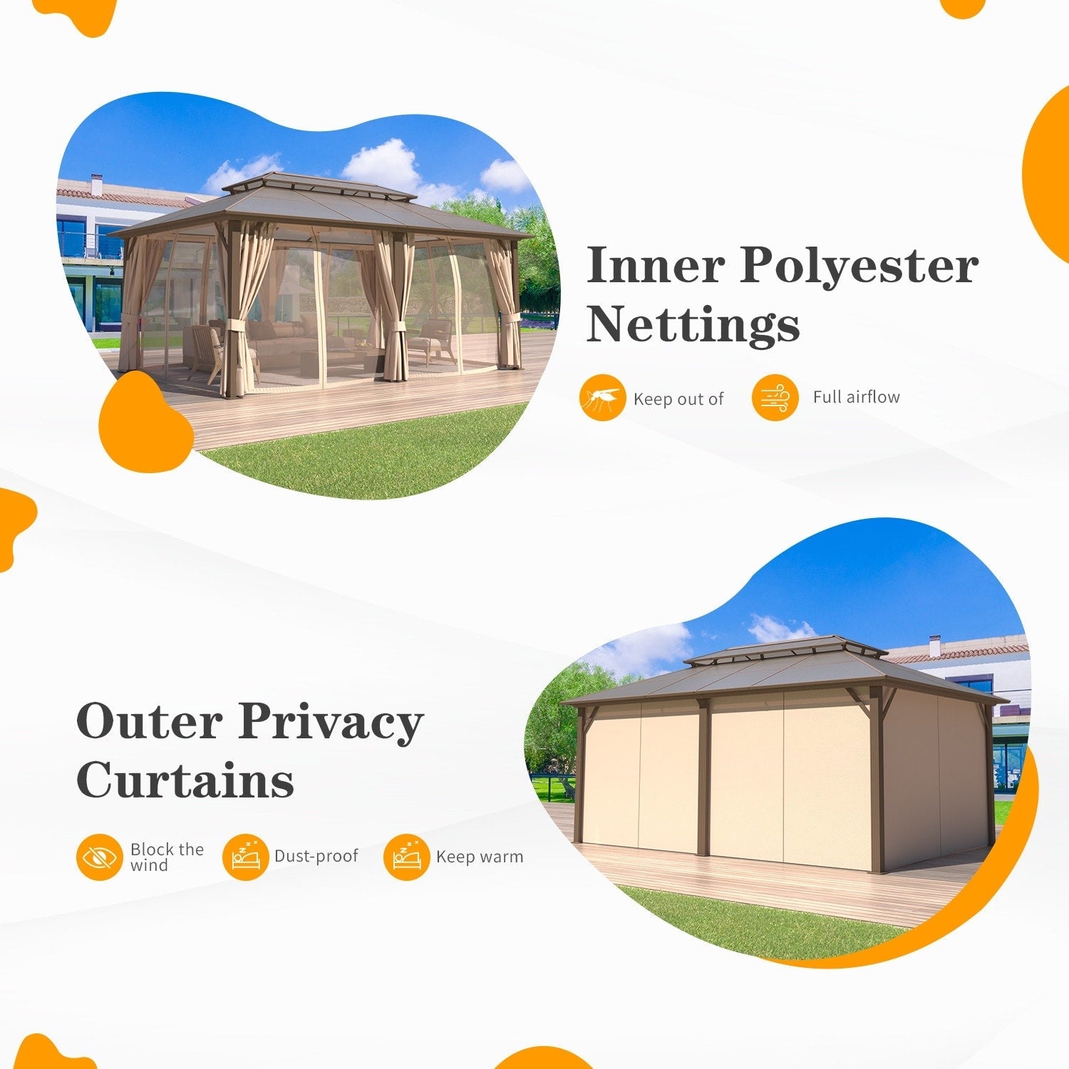 Gazebo à toit rigide EROMMY, pergola d'extérieur avec double toit, filet et rideaux, auvent robuste pour patio, arrière-cour, fête au bord de la piscine