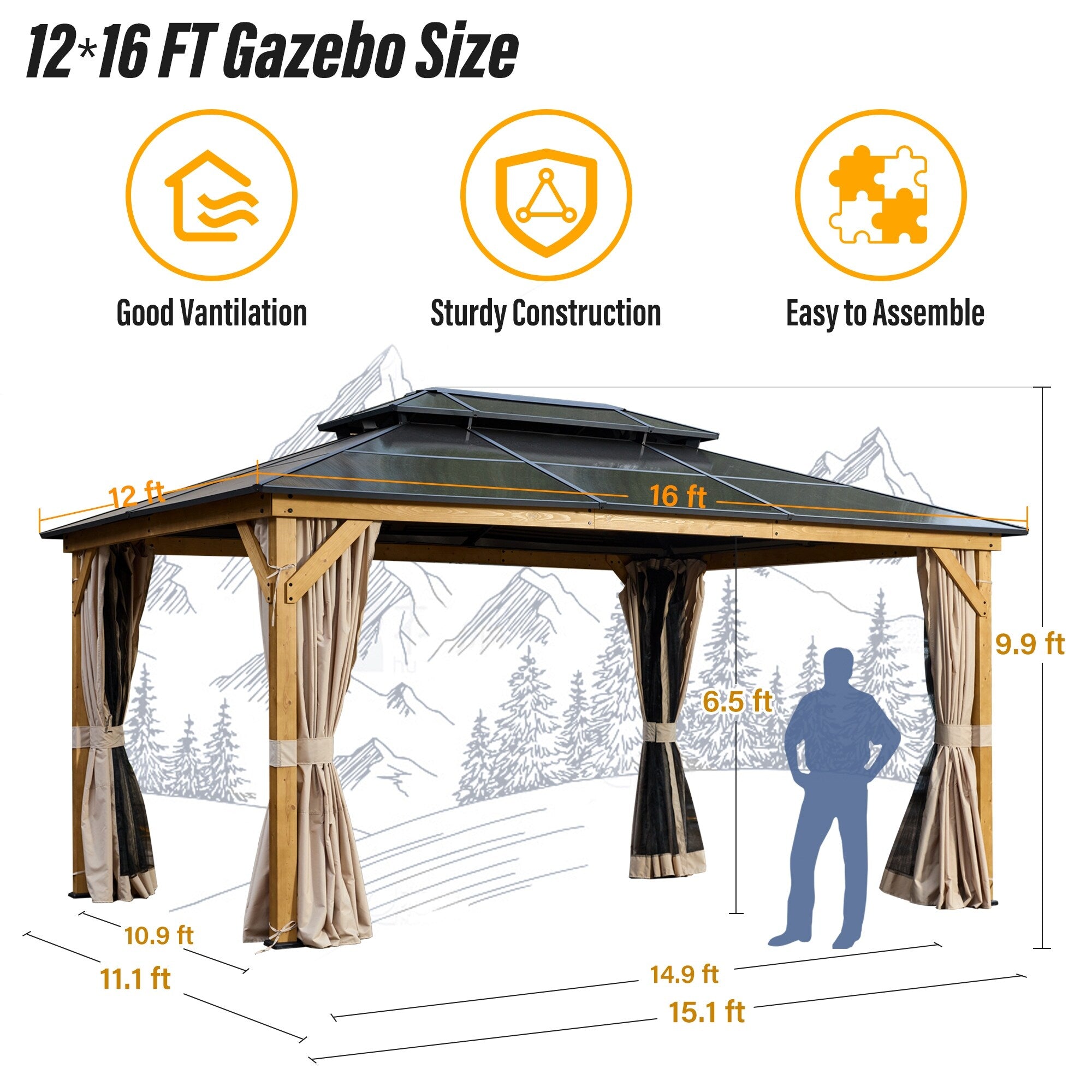Gazebo à toit rigide EROMMY, pergola d'extérieur avec double toit, filet et rideaux, auvent robuste pour patio, arrière-cour, fête au bord de la piscine