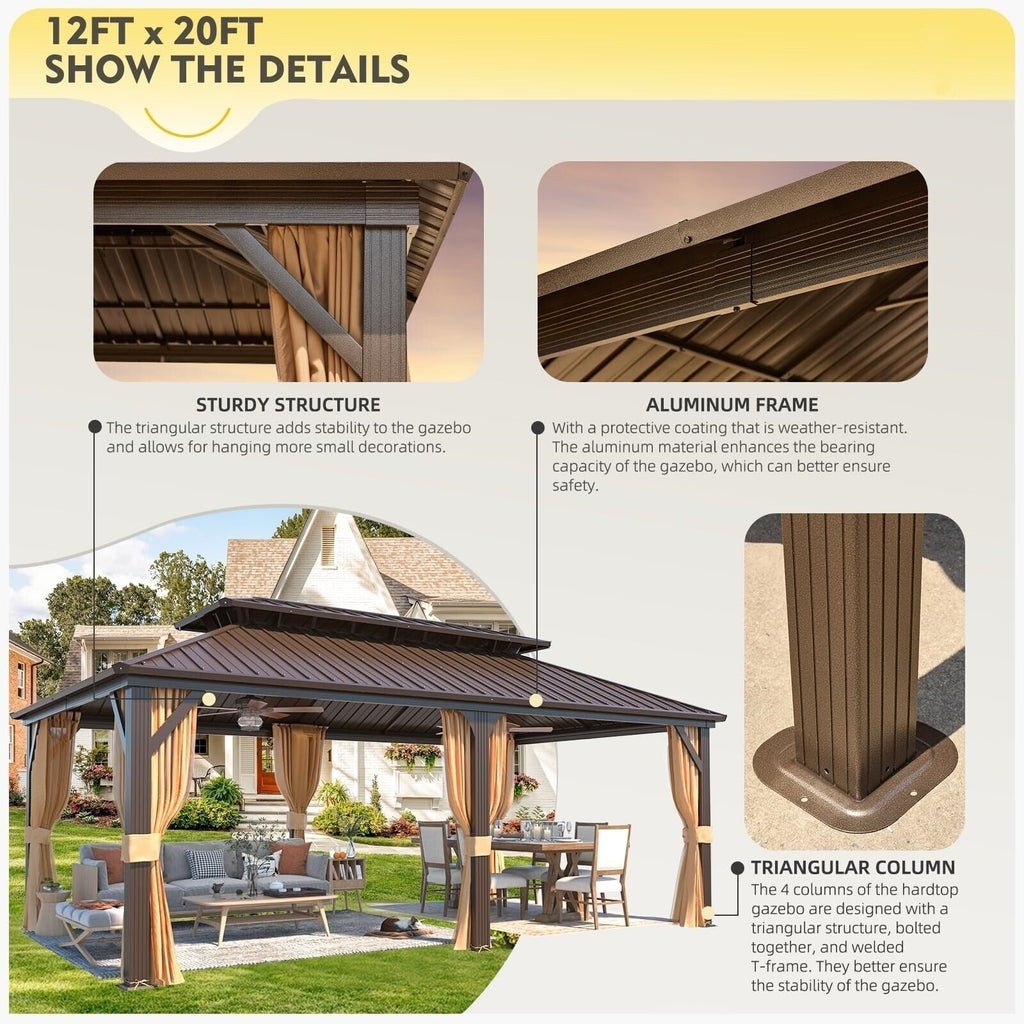 Tonnelle d'extérieur à toit rigide avec double toit en acier galvanisé et cadre en aluminium, pergola extérieure avec rideaux et filets haut de gamme