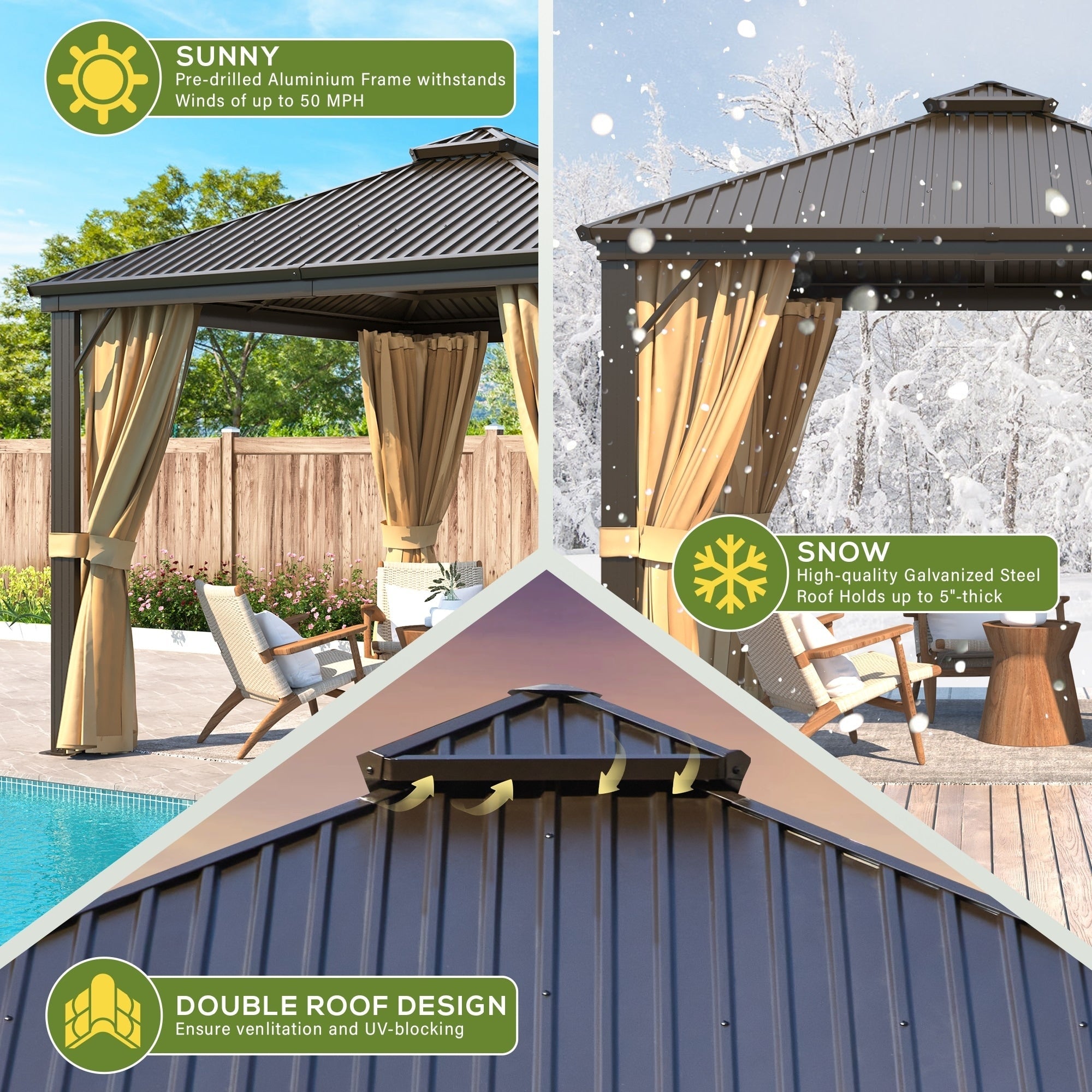 Tonnelle d'extérieur à toit rigide avec double toit en acier galvanisé et cadre en aluminium, pergola extérieure avec rideaux et filets haut de gamme