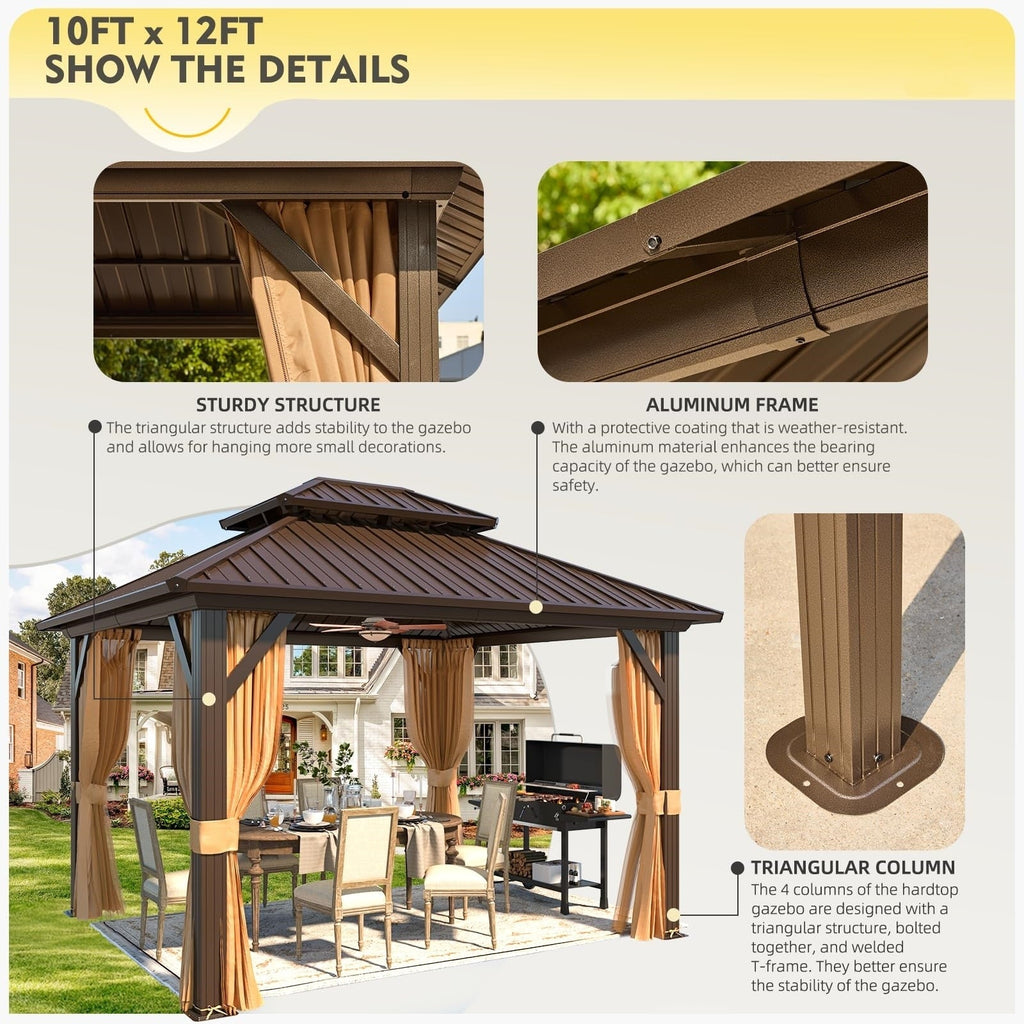 Tonnelle d'extérieur à toit rigide avec double toit en acier galvanisé et cadre en aluminium, pergola extérieure avec rideaux et filets haut de gamme
