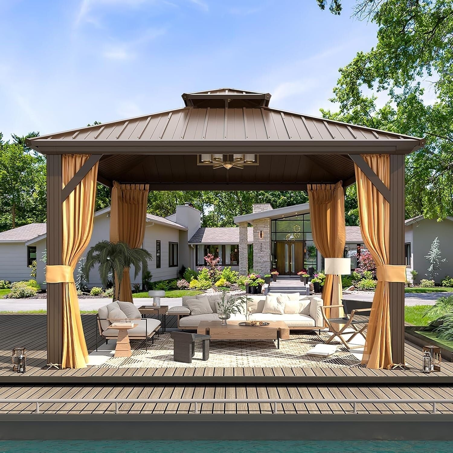 Tonnelle d'extérieur à toit rigide avec double toit en acier galvanisé et cadre en aluminium, pergola extérieure avec rideaux et filets haut de gamme