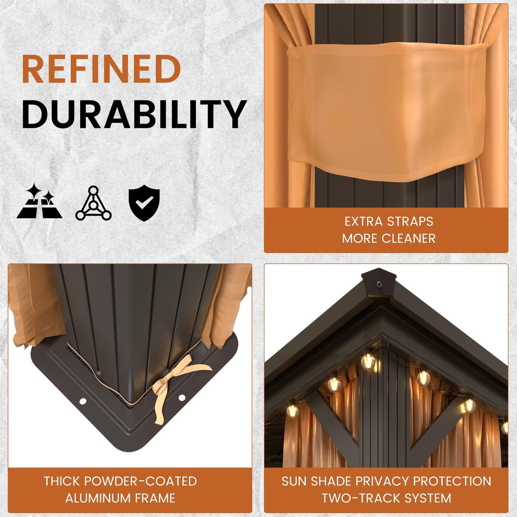 Tonnelle d'extérieur à toit rigide avec double toit en acier galvanisé et cadre en aluminium, pergola extérieure avec rideaux et filets haut de gamme