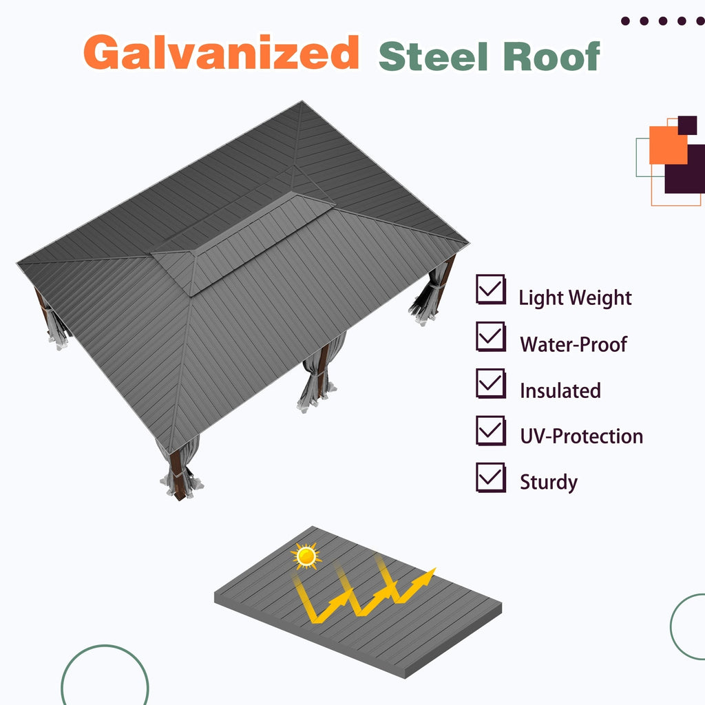 Tonnelle d'extérieur à toit rigide avec double toit en acier galvanisé et cadre en aluminium, pergola extérieure avec rideaux et filets haut de gamme