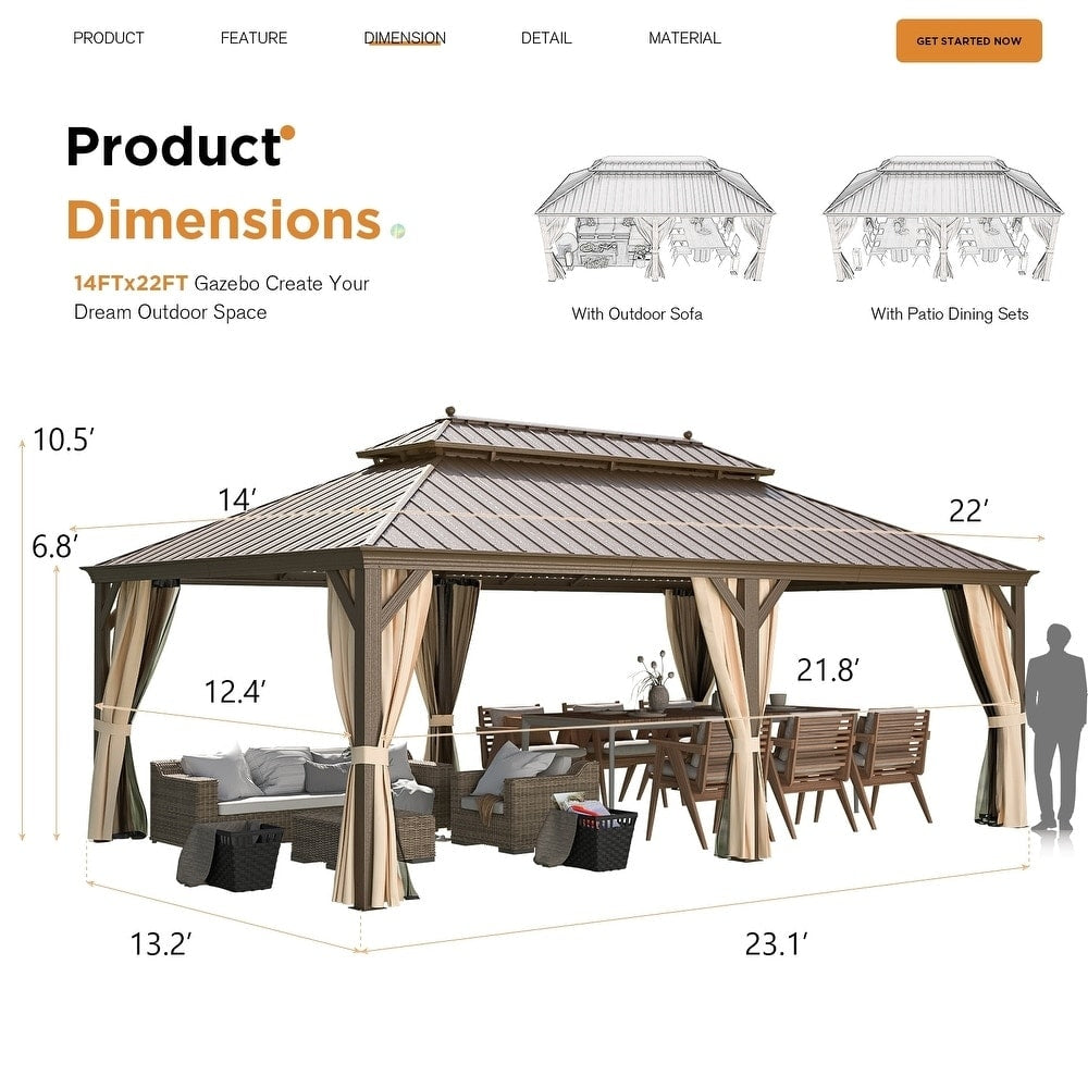 Tonnelle d'extérieur à toit rigide avec double toit en acier galvanisé et cadre en aluminium, pergola extérieure avec rideaux et filets haut de gamme