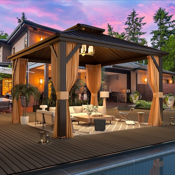 Tonnelle d'extérieur à toit rigide avec double toit en acier galvanisé et cadre en aluminium, pergola extérieure avec rideaux et filets haut de gamme