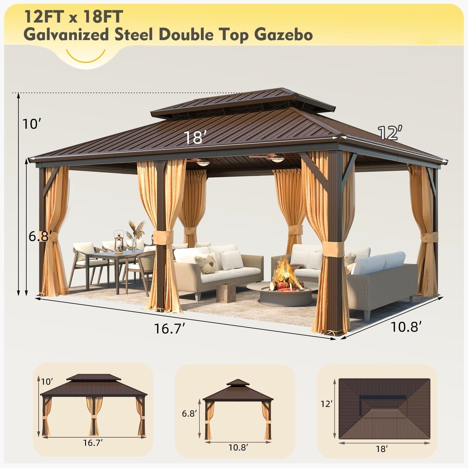 Tonnelle d'extérieur à toit rigide avec double toit en acier galvanisé et cadre en aluminium, pergola extérieure avec rideaux et filets haut de gamme