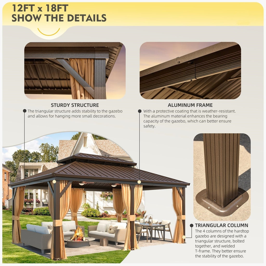 Tonnelle d'extérieur à toit rigide avec double toit en acier galvanisé et cadre en aluminium, pergola extérieure avec rideaux et filets haut de gamme