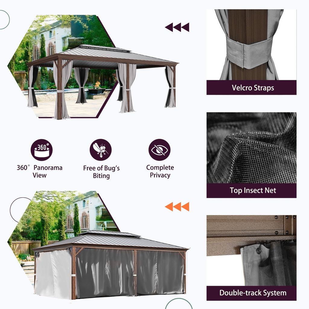Tonnelle d'extérieur à toit rigide avec double toit en acier galvanisé et cadre en aluminium, pergola extérieure avec rideaux et filets haut de gamme