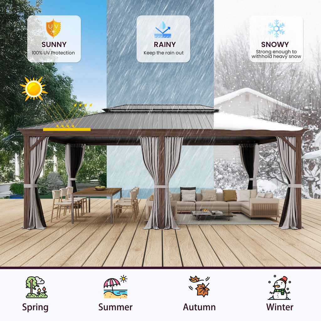 Tonnelle d'extérieur à toit rigide avec double toit en acier galvanisé et cadre en aluminium, pergola extérieure avec rideaux et filets haut de gamme