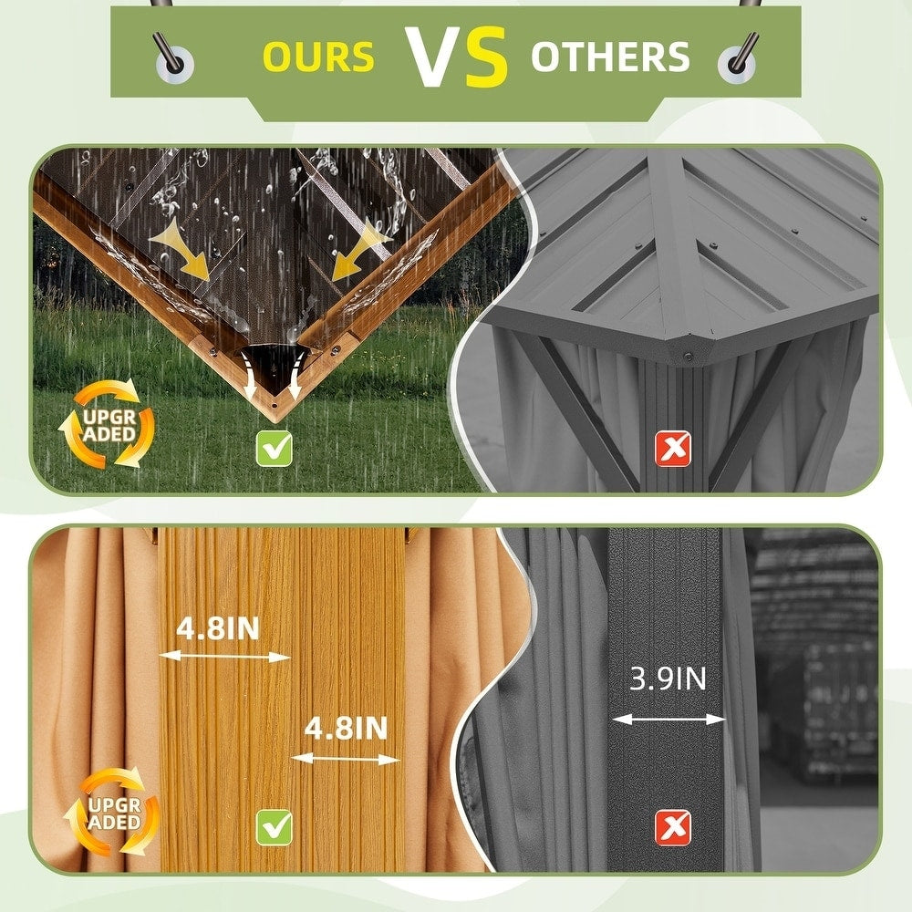 Tonnelle d'extérieur à toit rigide avec double toit en acier galvanisé et cadre en aluminium, pergola extérieure avec rideaux et filets haut de gamme