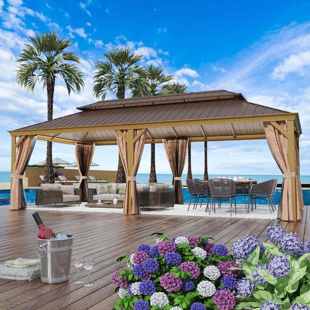 Tonnelle d'extérieur à toit rigide avec double toit en acier galvanisé et cadre en aluminium, pergola extérieure avec rideaux et filets haut de gamme