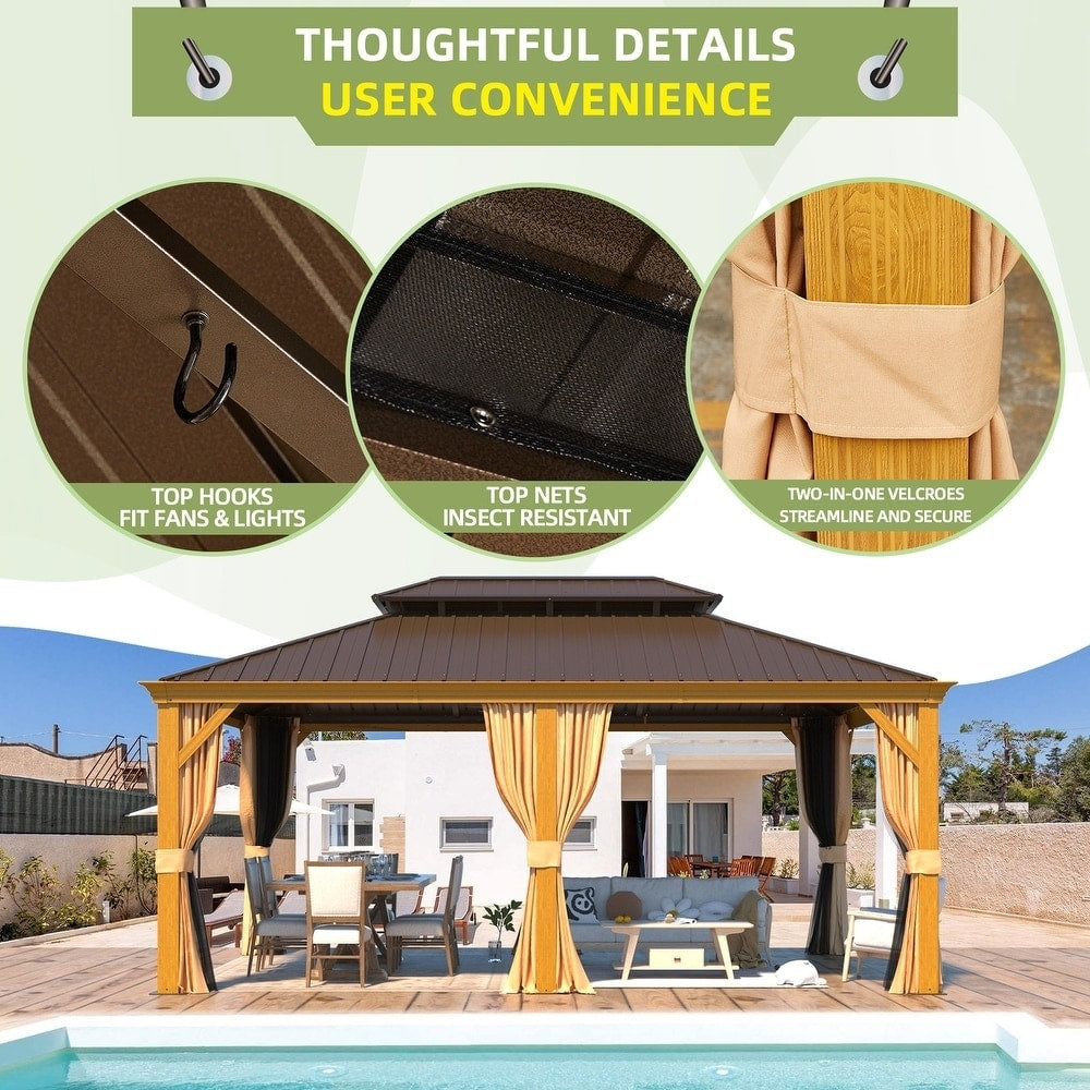 Tonnelle d'extérieur à toit rigide avec double toit en acier galvanisé et cadre en aluminium, pergola extérieure avec rideaux et filets haut de gamme