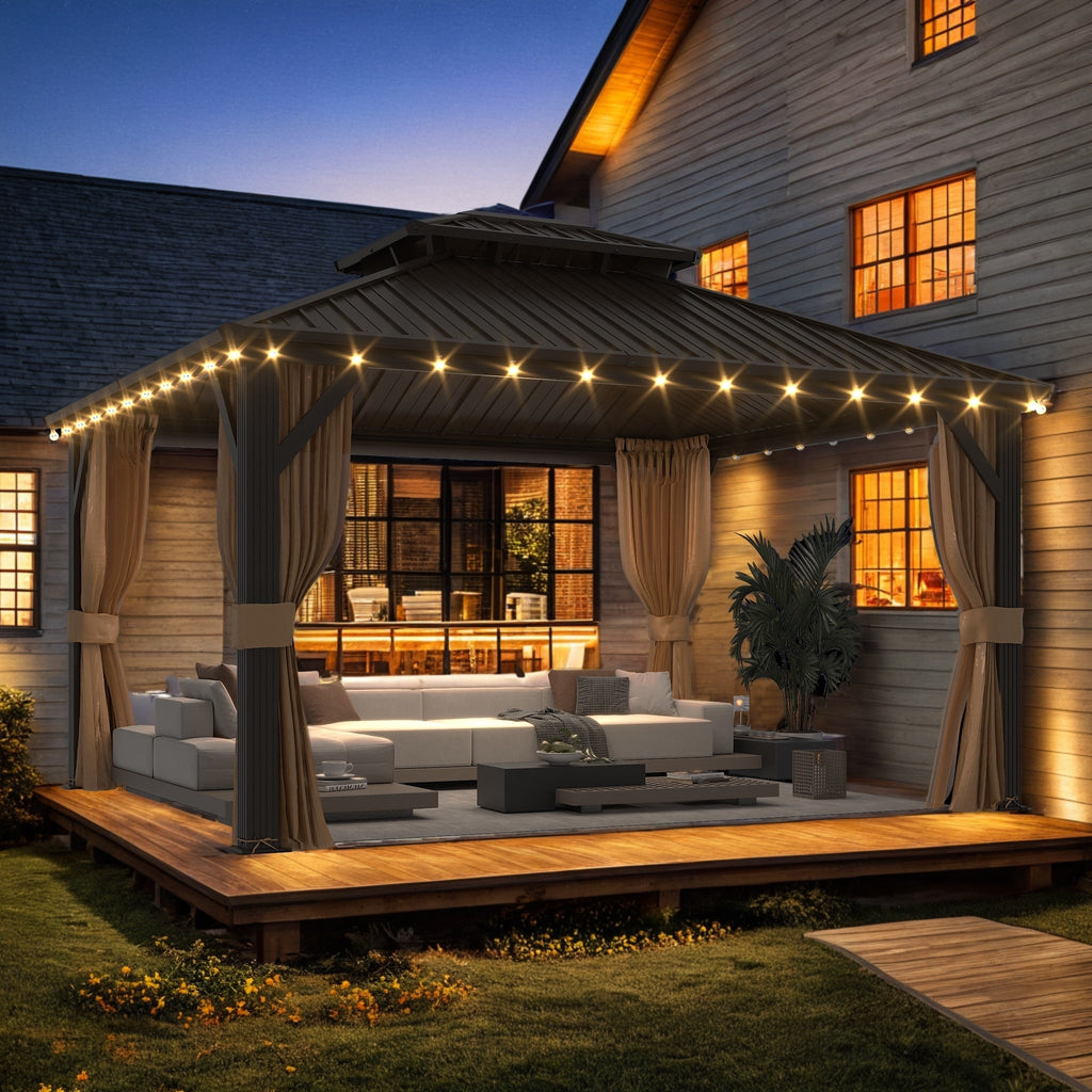 Tonnelle d'extérieur à toit rigide avec double toit en acier galvanisé et cadre en aluminium, pergola extérieure avec rideaux et filets haut de gamme