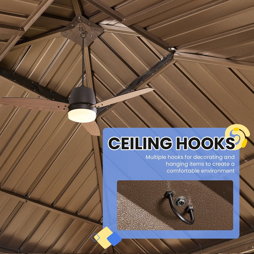 Tonnelle d'extérieur à toit rigide avec double toit en acier galvanisé et cadre en aluminium, pergola extérieure avec rideaux et filets haut de gamme