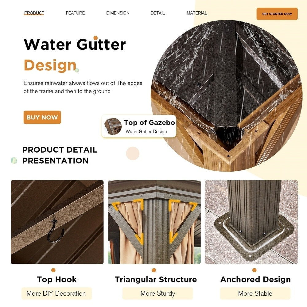 Tonnelle d'extérieur à toit rigide avec double toit en acier galvanisé et cadre en aluminium, pergola extérieure avec rideaux et filets haut de gamme