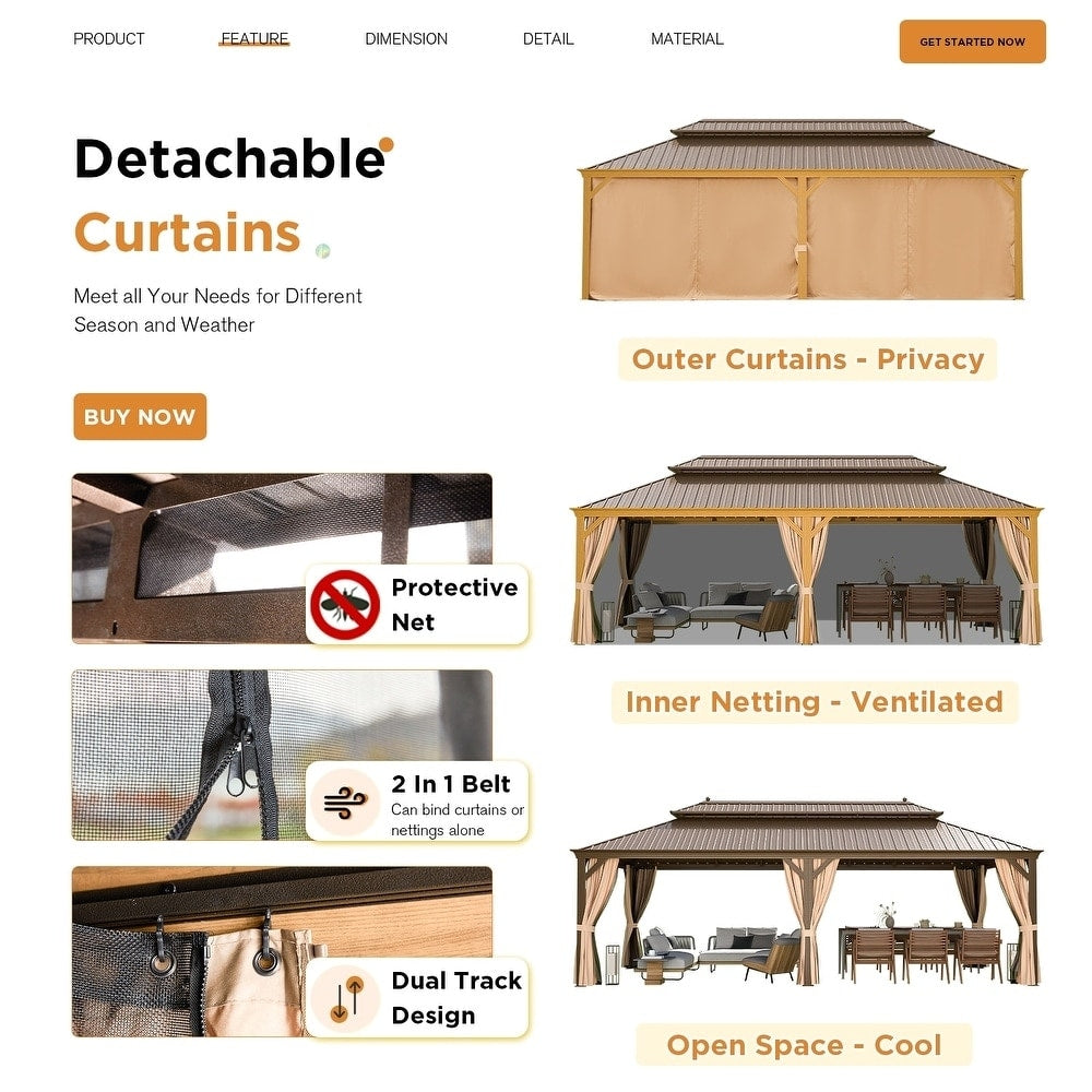 Tonnelle d'extérieur à toit rigide avec double toit en acier galvanisé et cadre en aluminium, pergola extérieure avec rideaux et filets haut de gamme