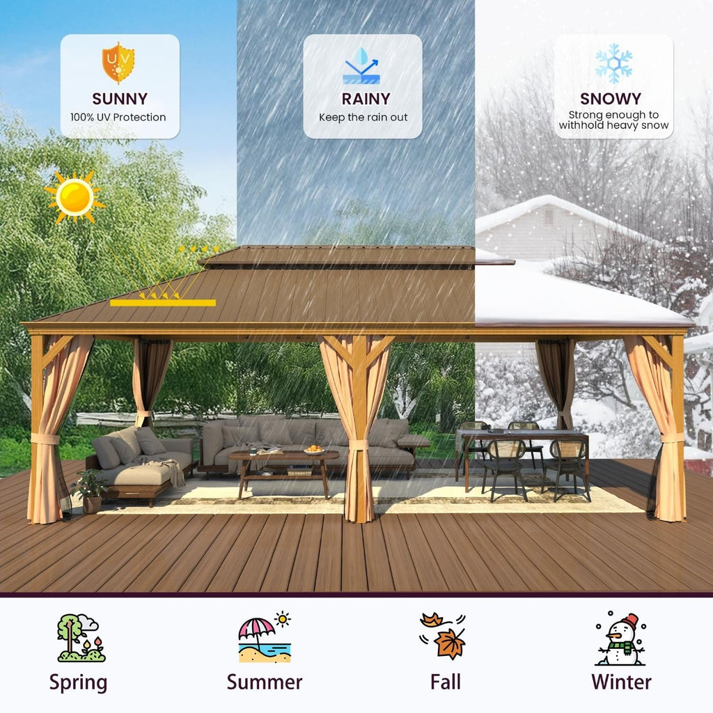 Tonnelle d'extérieur à toit rigide avec double toit en acier galvanisé et cadre en aluminium, pergola extérieure avec rideaux et filets haut de gamme