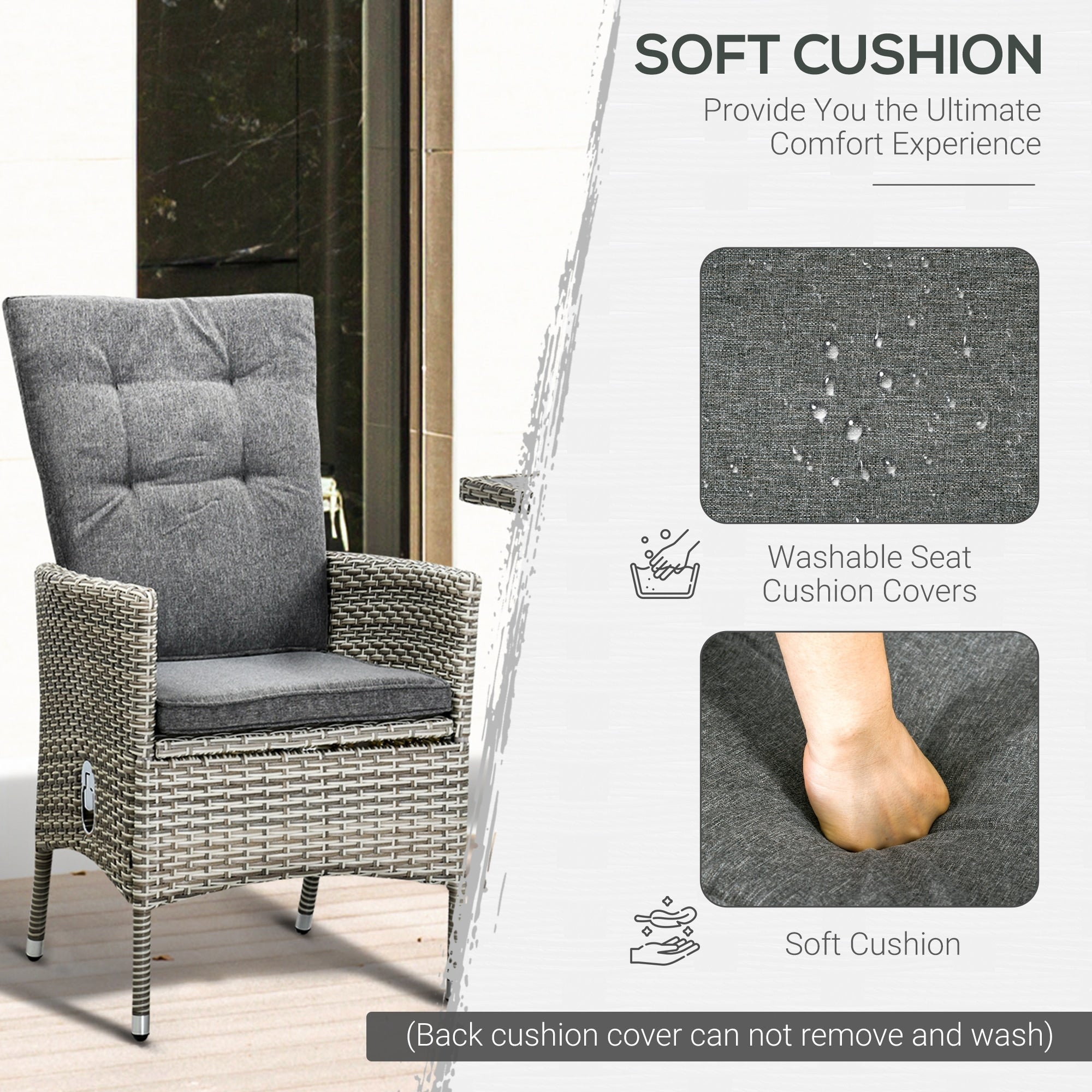 Ensemble de 3 canapés de patio Outsunny en rotin synthétique, chaises inclinables d'extérieur, table basse avec plateau en plastique grain de bois