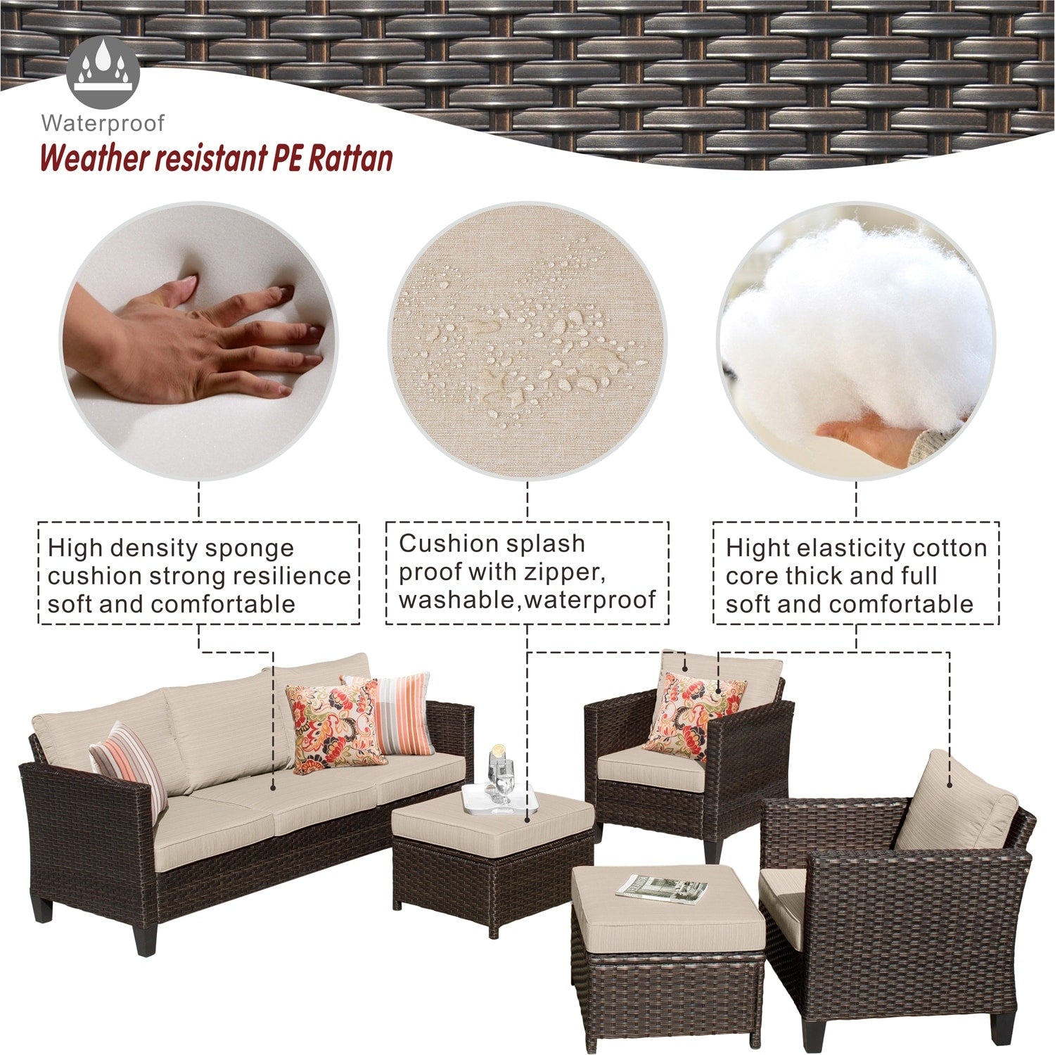 Ensemble de 5 sièges de jardin à dossier haut en osier OVIOS