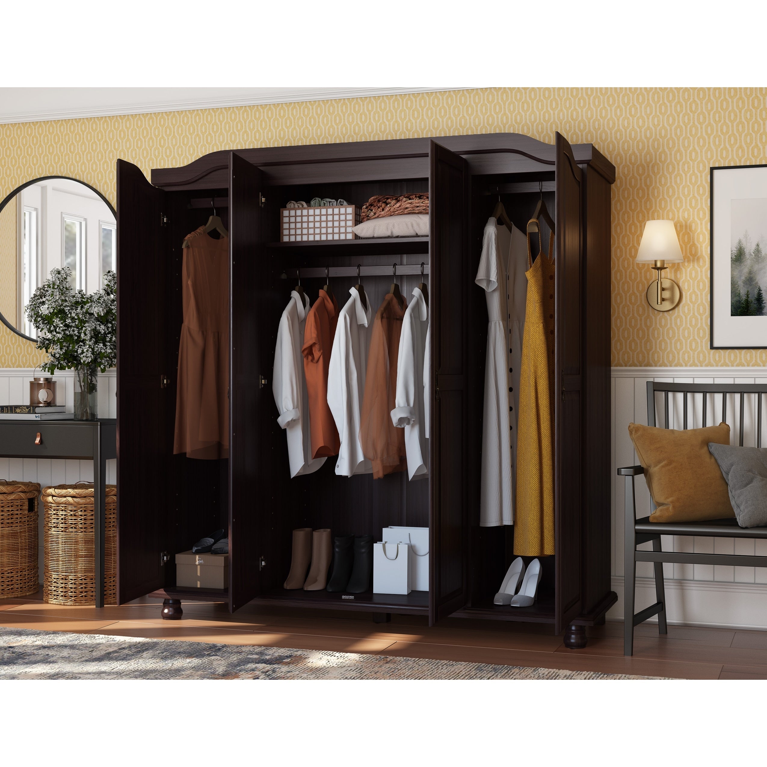 Armoire penderie 4 portes Kyle 100 % bois massif de Palace Imports avec portes en bois massif ou en miroir