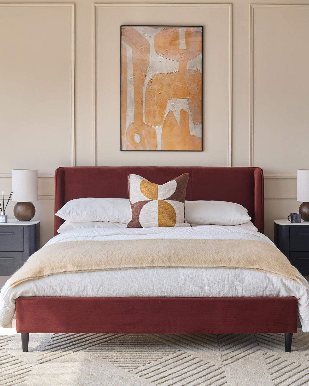 Lit king size Paolo en velours rouge caramel