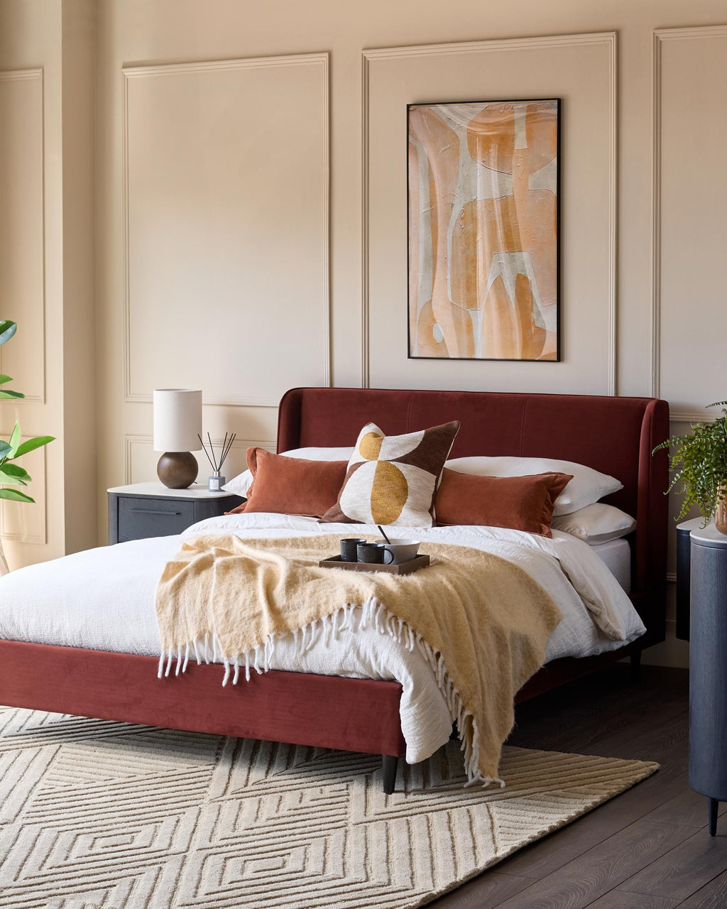 Lit double Paolo en velours rouge caramel