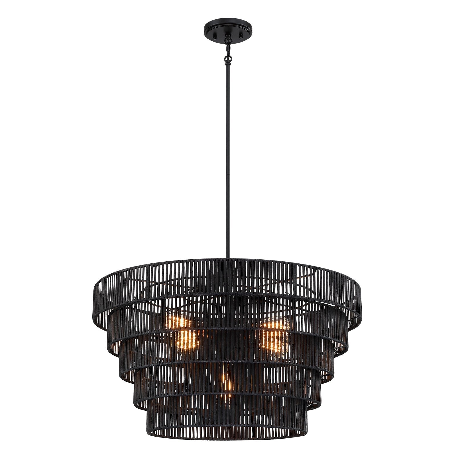 Lustre bohème moderne Piersan à 5 lumières avec abat-jour en rotin à plusieurs niveaux - 26 po de largeur