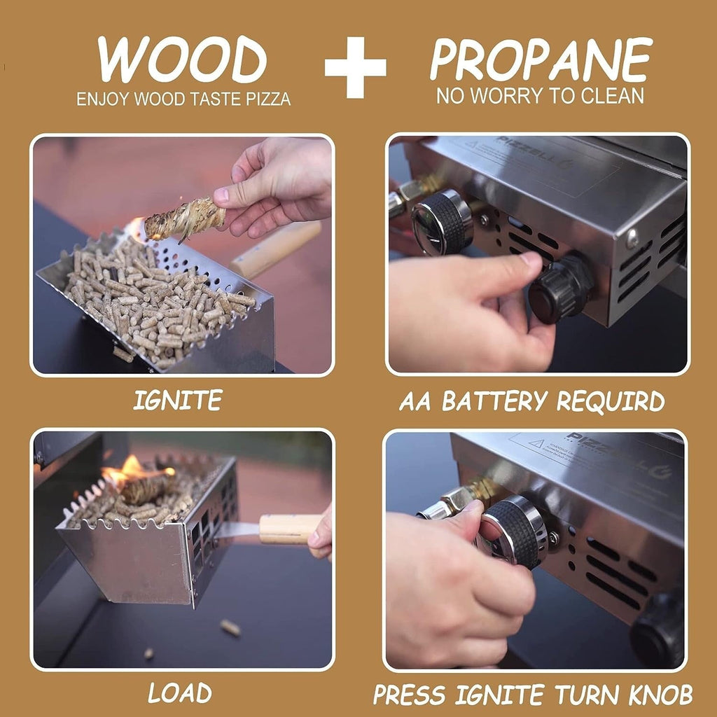 Four à pizza extérieur multicombustible, machine à pizza cuite sur pierre avec brûleur à gaz et boîte à bois - 12 pouces
