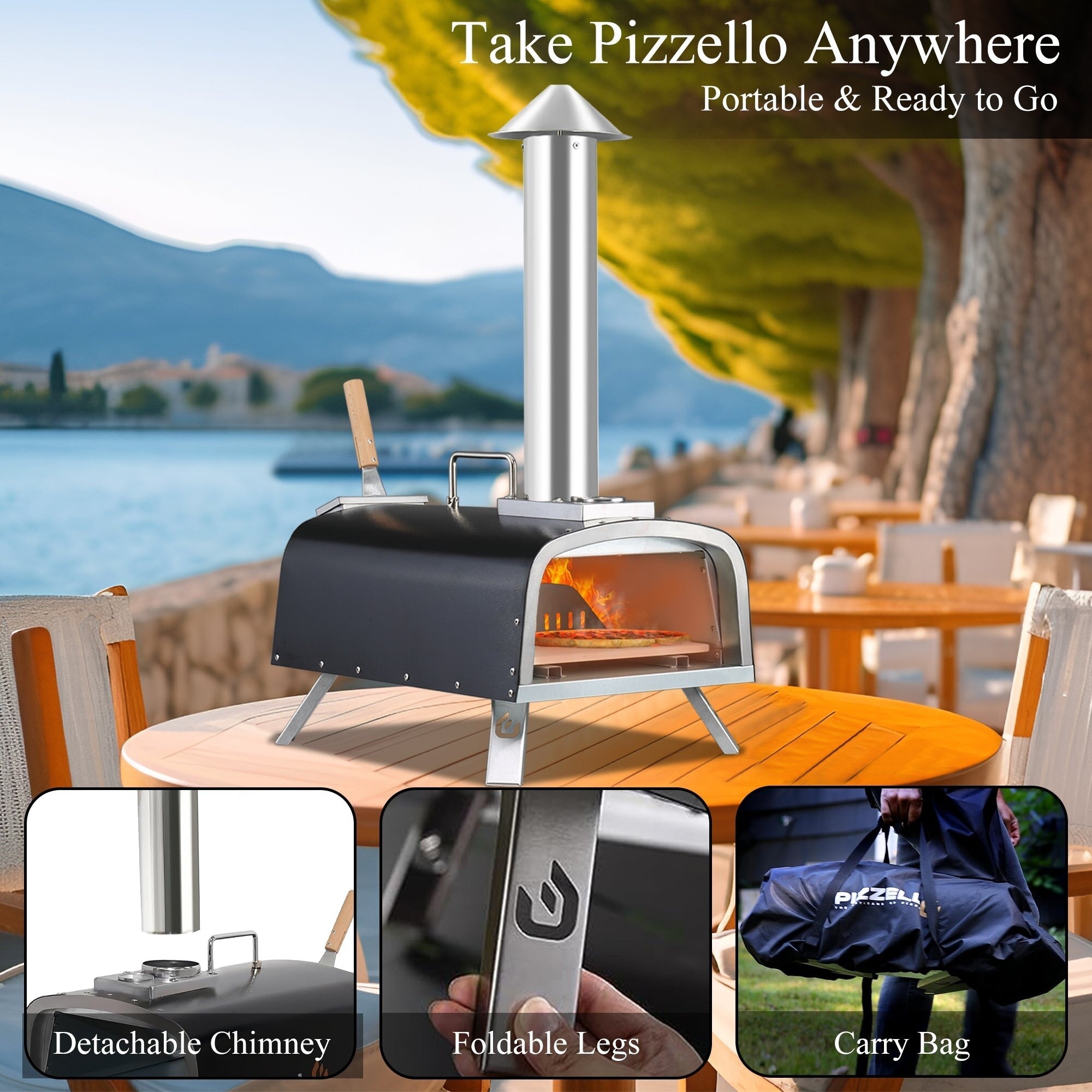 Four à pizza extérieur multicombustible, machine à pizza cuite sur pierre avec brûleur à gaz et boîte à bois - 12 pouces
