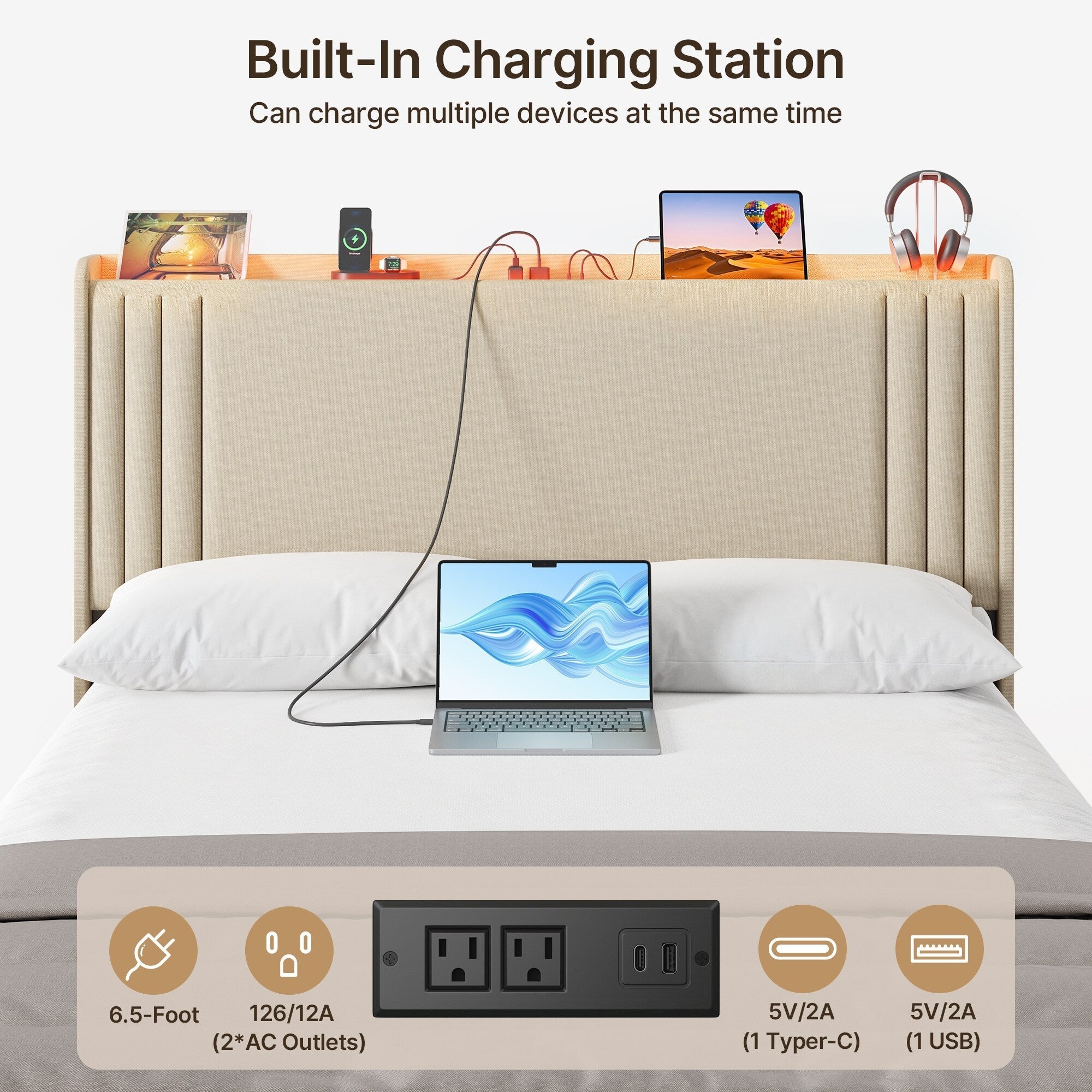 Lit Queen/Full rembourré à canaux verticaux avec tête de lit à oreilles