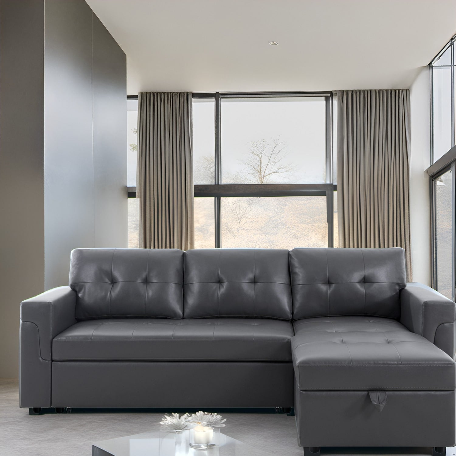 Canapé sectionnel réversible avec lit gigogne, méridienne avec rangement dissimulé, pieds durables,