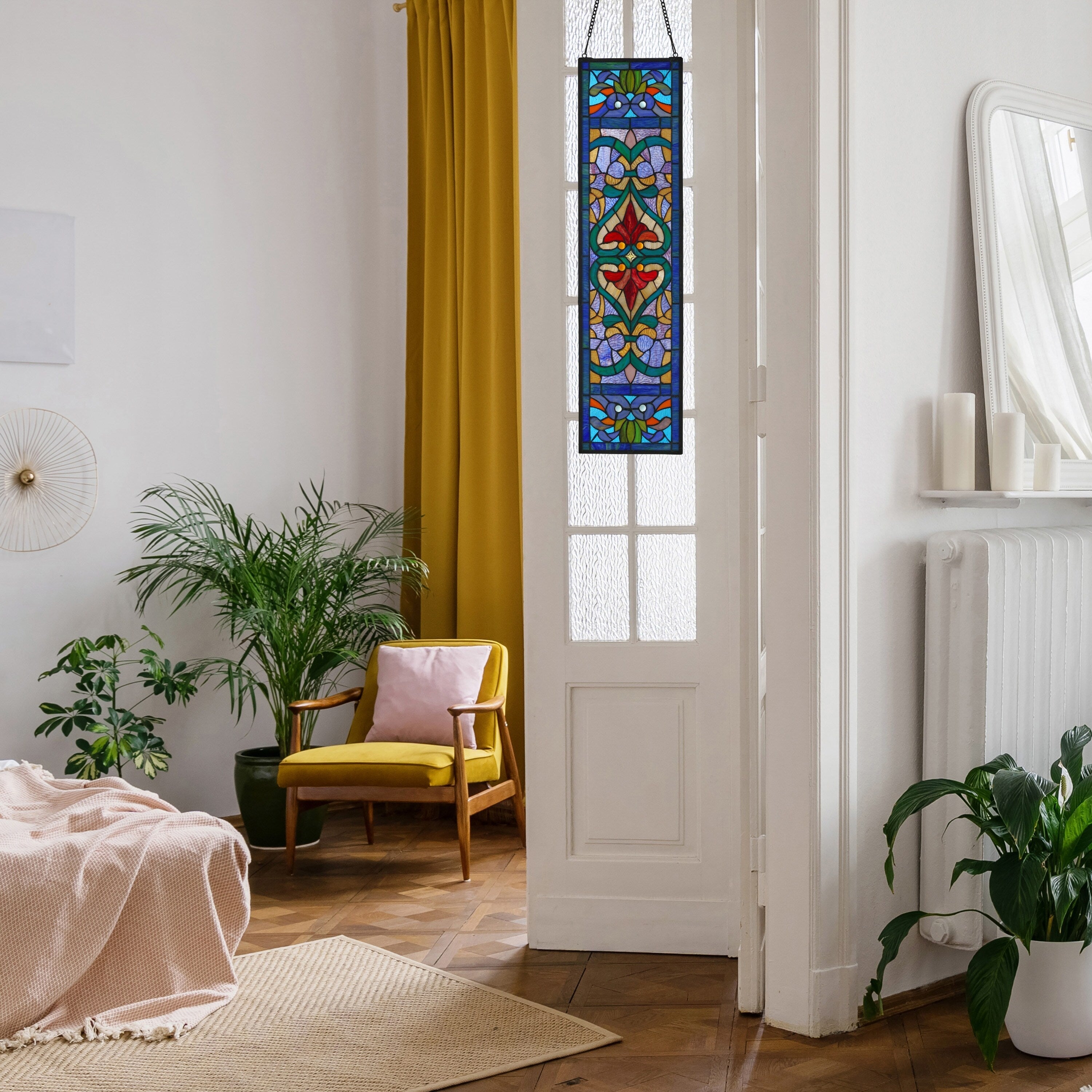 Panneau de fenêtre en vitrail victorien Fleur de lys River of Goods - 9,5 L x 0,25 l x 36 H