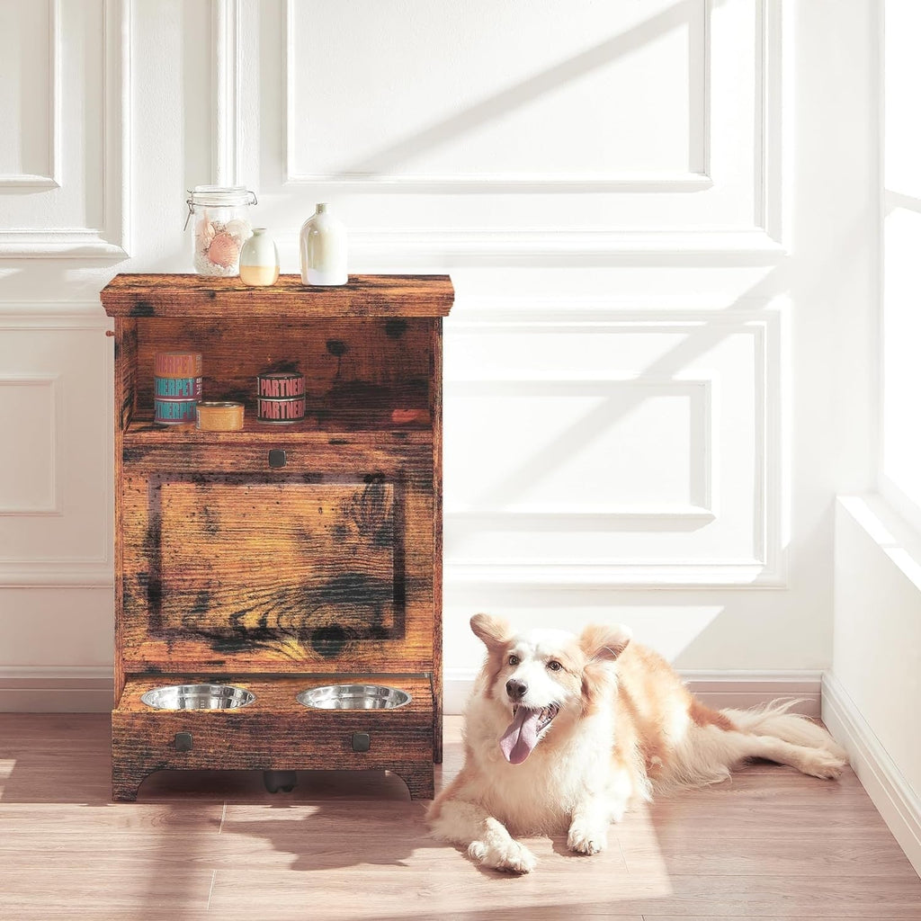 Station d'alimentation pour chiens Roomfitters avec 2 gamelles surélevées et armoire d'alimentation inclinable pour animaux de compagnie