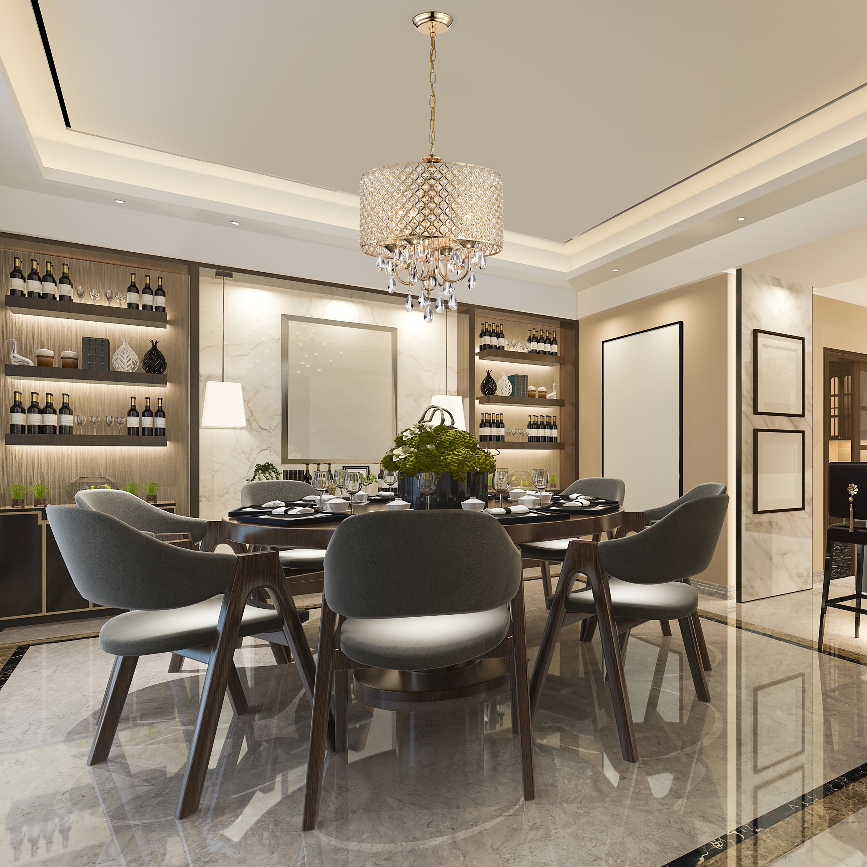 Lustre tambour à perles rondes avec cristaux suspendus