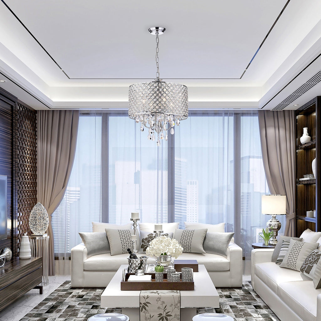 Lustre tambour à perles rondes avec cristaux suspendus