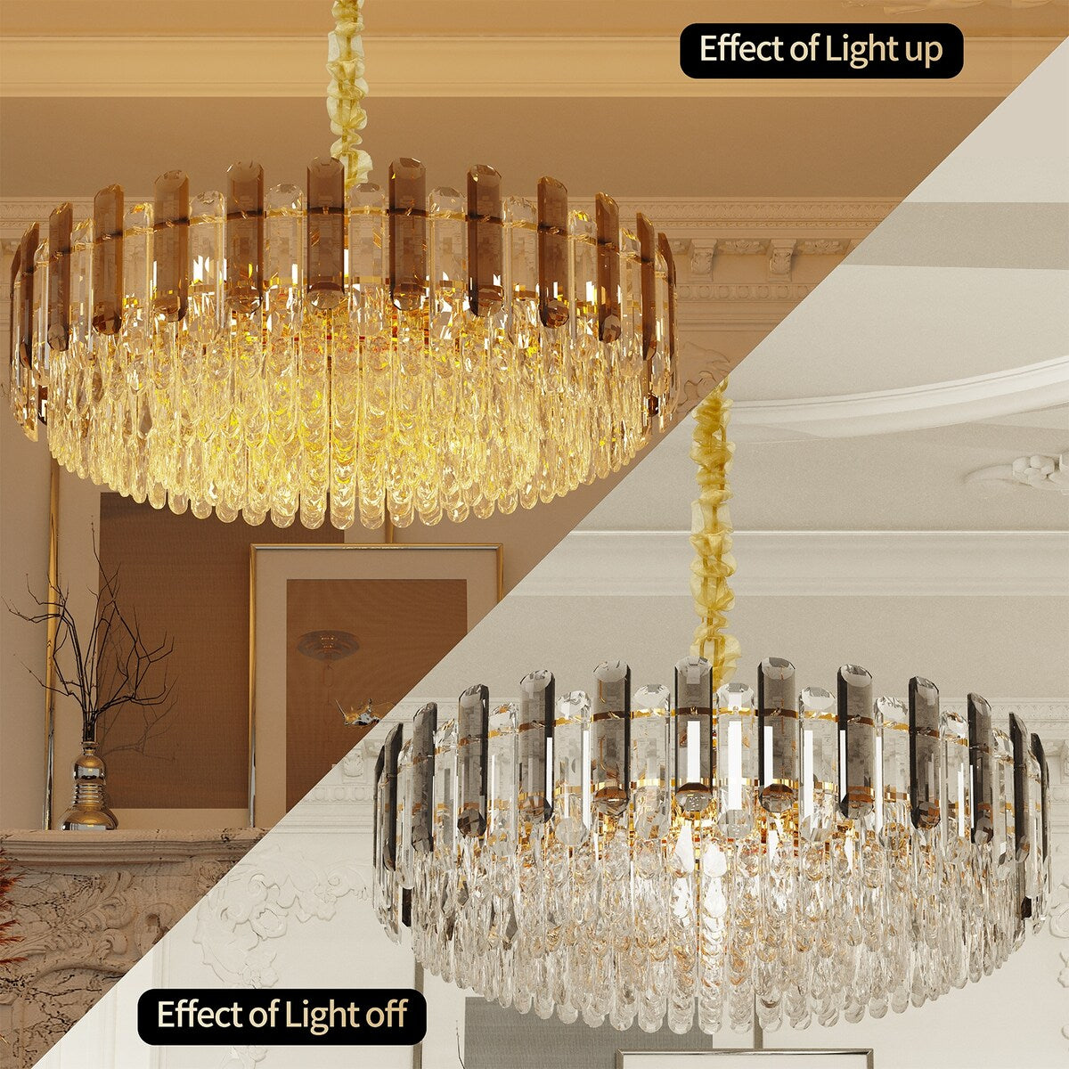 Lustre de plafond rond en cristal brillant avec éclairage à 3 couleurs
