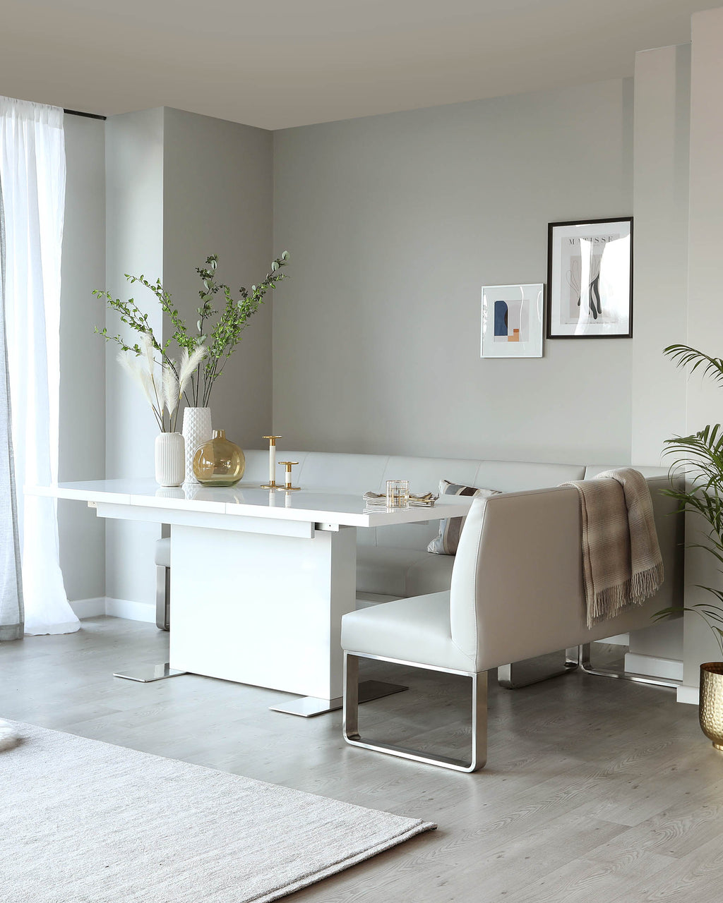 Banc de salle à manger d'angle gauche Loop 7 places en similicuir gris clair et acier inoxydable