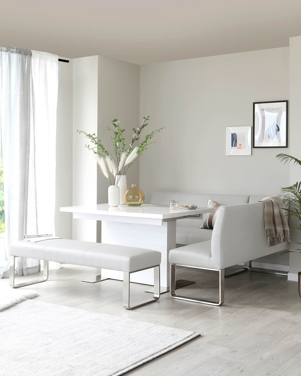 Banc de salle à manger d'angle gauche Loop 5 places en similicuir gris clair et acier inoxydable