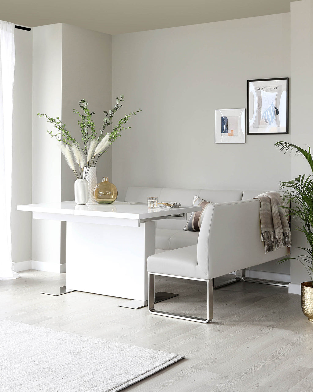 Banc de salle à manger d'angle gauche Loop 5 places en similicuir gris clair et acier inoxydable