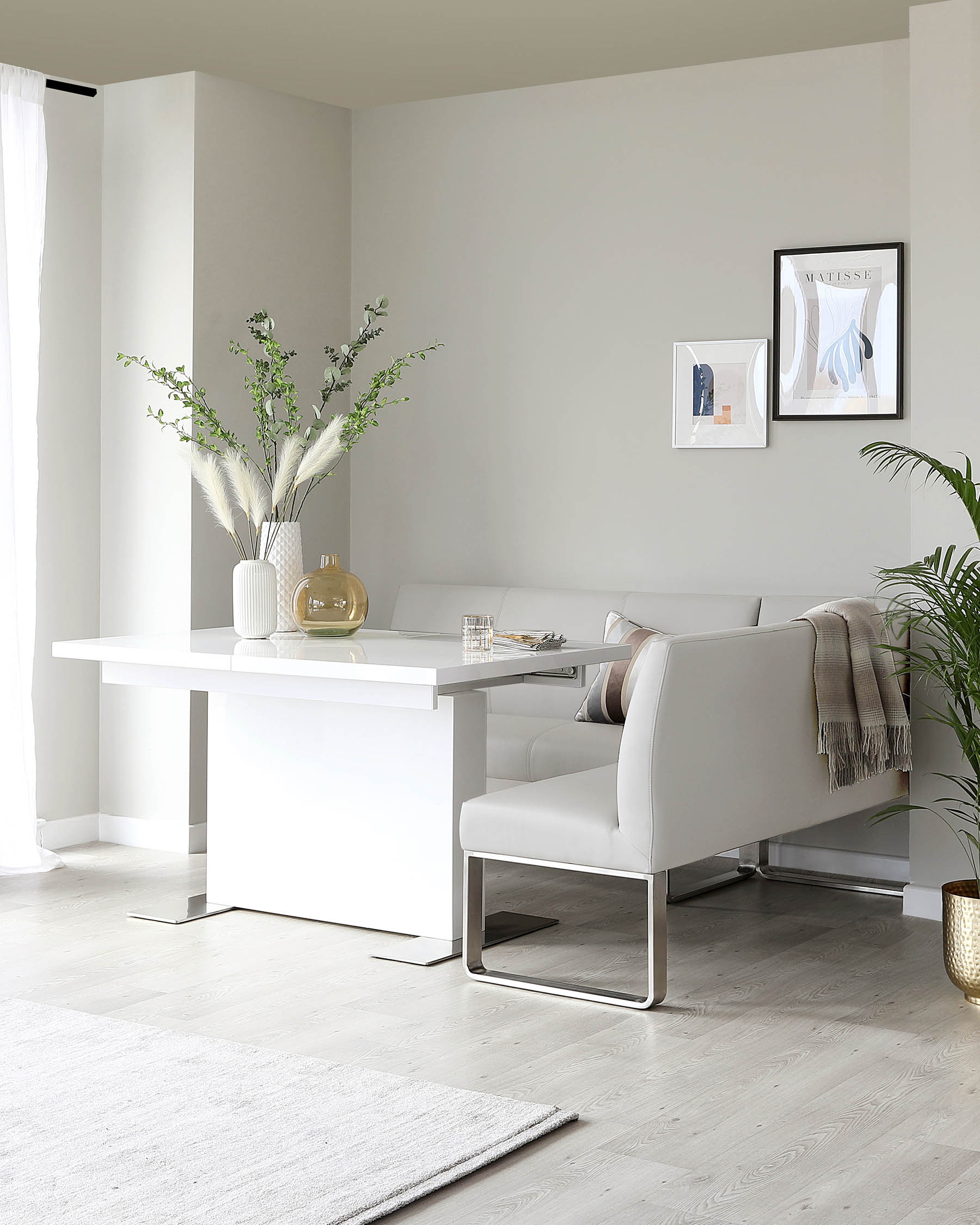 Banc de salle à manger d'angle gauche Loop 5 places en similicuir gris clair et acier inoxydable