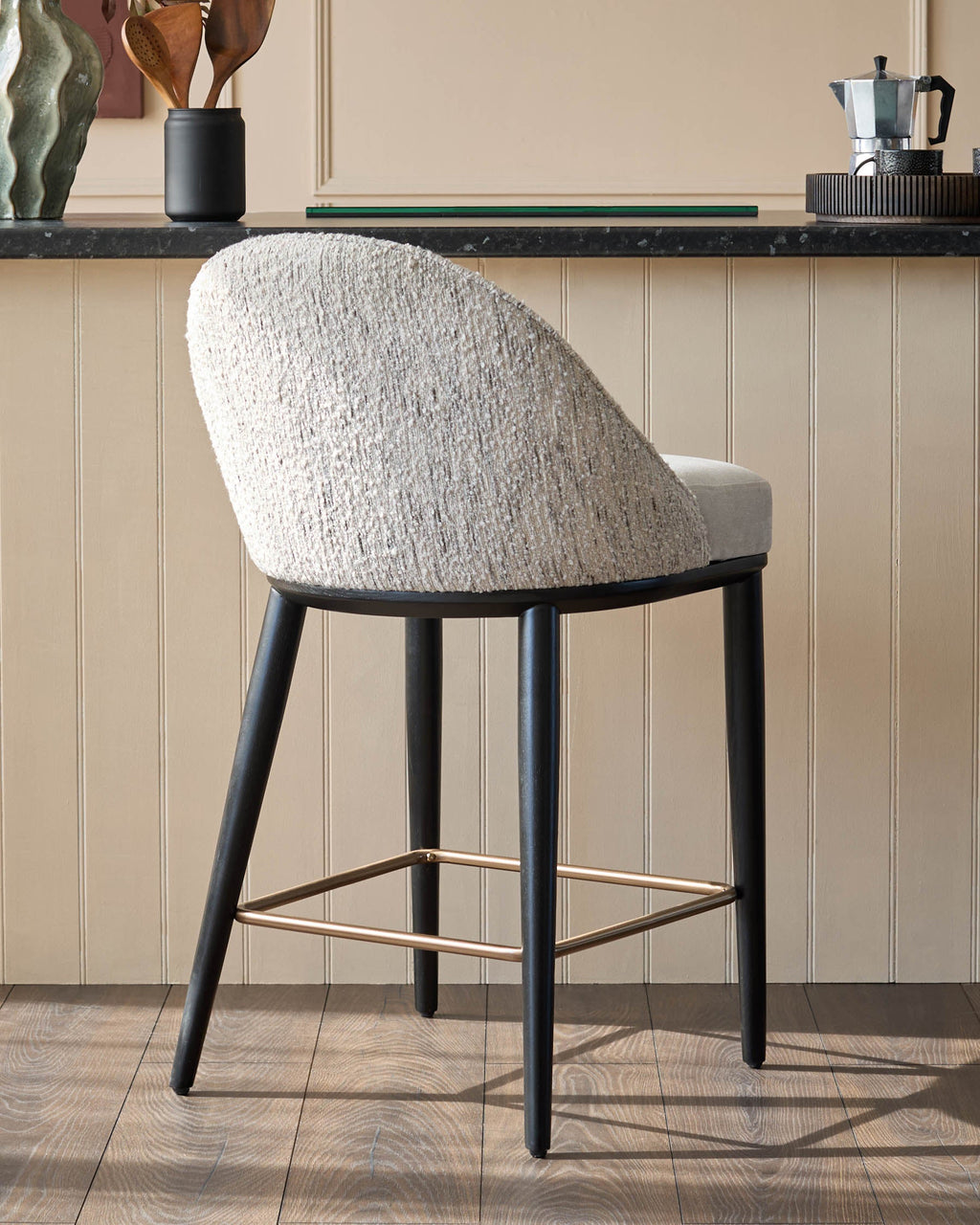Tabouret de bar Scarlett en bouclette crème et chenille gris naturel