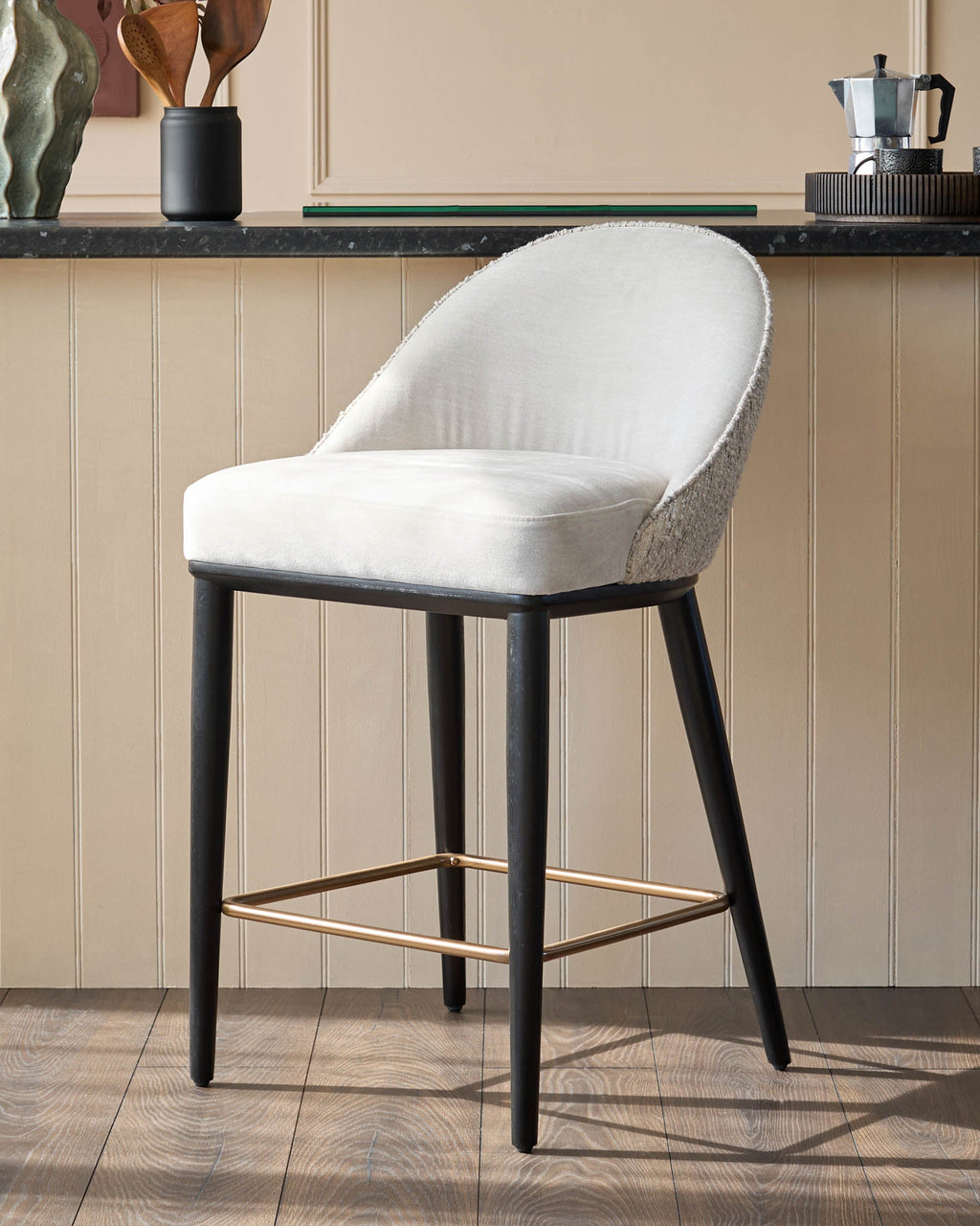 Tabouret de bar Scarlett en bouclette crème et chenille gris naturel