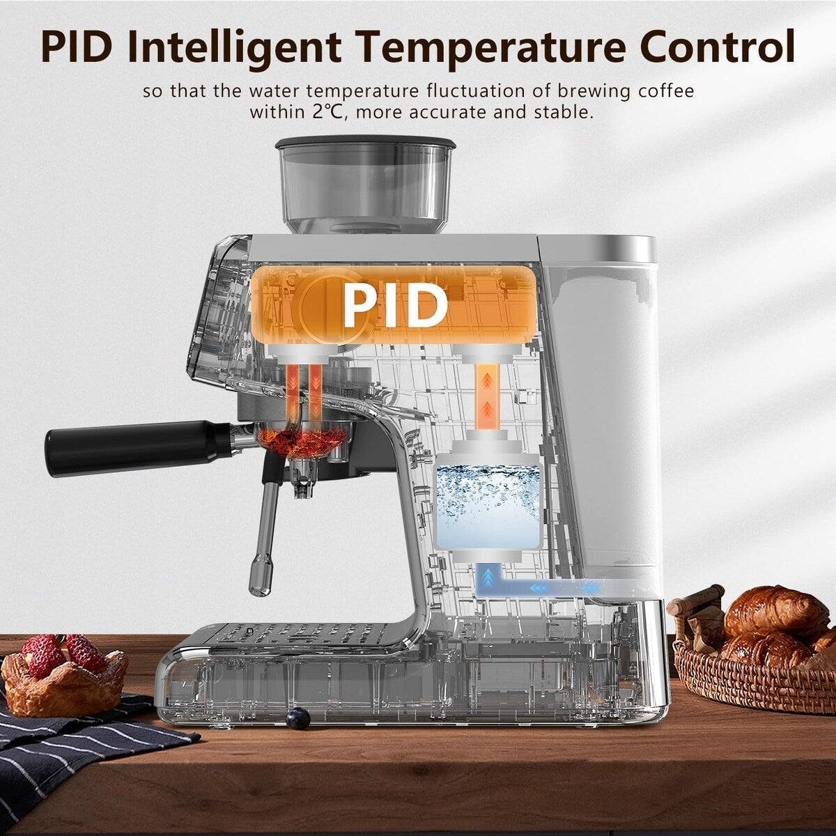 Machine à café semi-automatique avec contrôle intelligent de la température et fonction eau chaude, 30 réglages de mouture