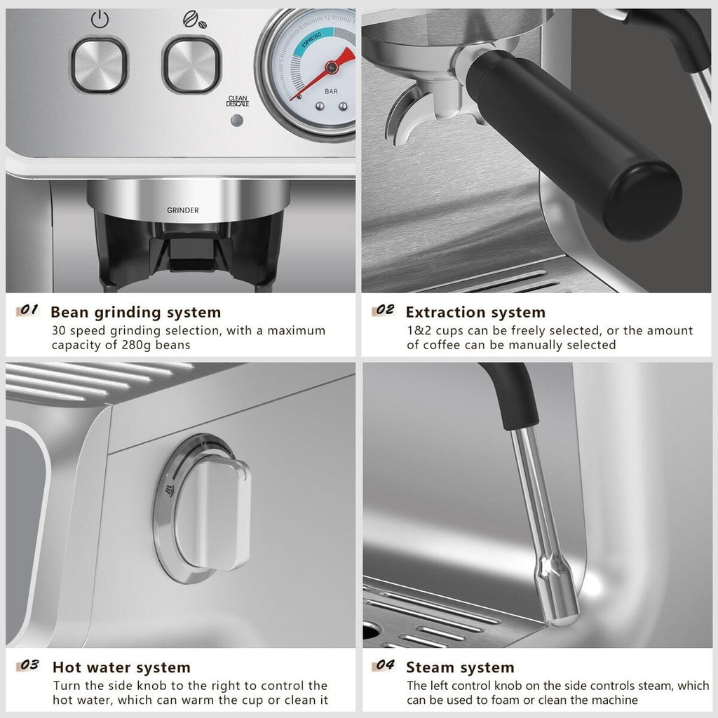 Machine à café semi-automatique avec contrôle intelligent de la température et fonction eau chaude, 30 réglages de mouture