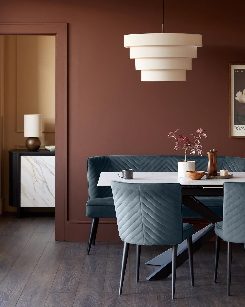 Banquette de salle à manger 3 places Serena en velours bleu-gris